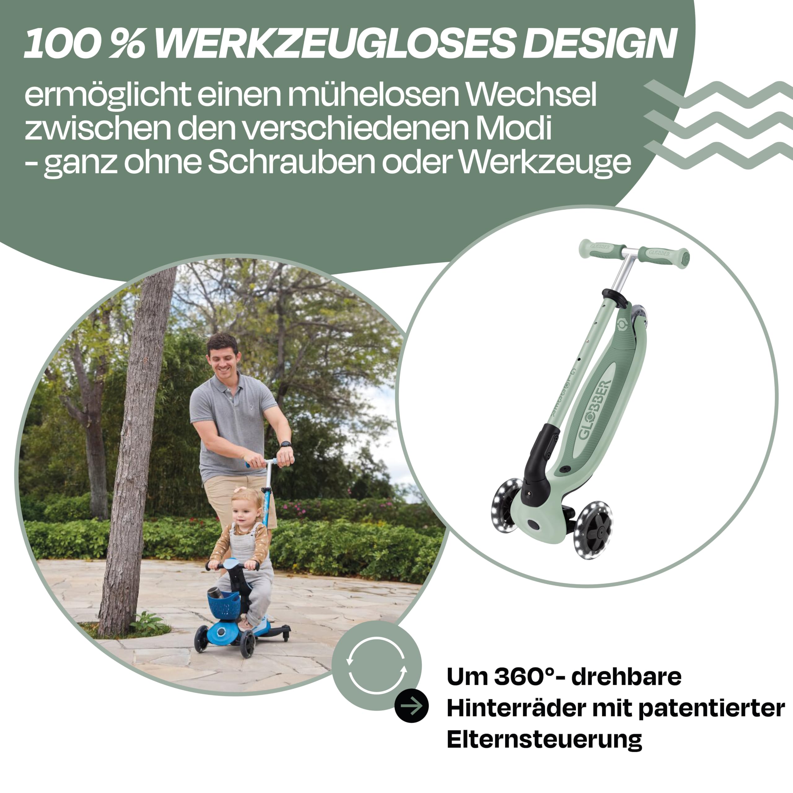GLOBBER GO-UP Baby Lights 360° – Tretroller, Dreirad und Laufrad für Kinder – höhenverstellbares Kinderfahrzeug – 3rädrig bis 9 Jahre – Bunte LED-Leuchtrollen