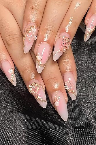 Medium Almond Press on Nails Pink Ombre Fake Nails Gold