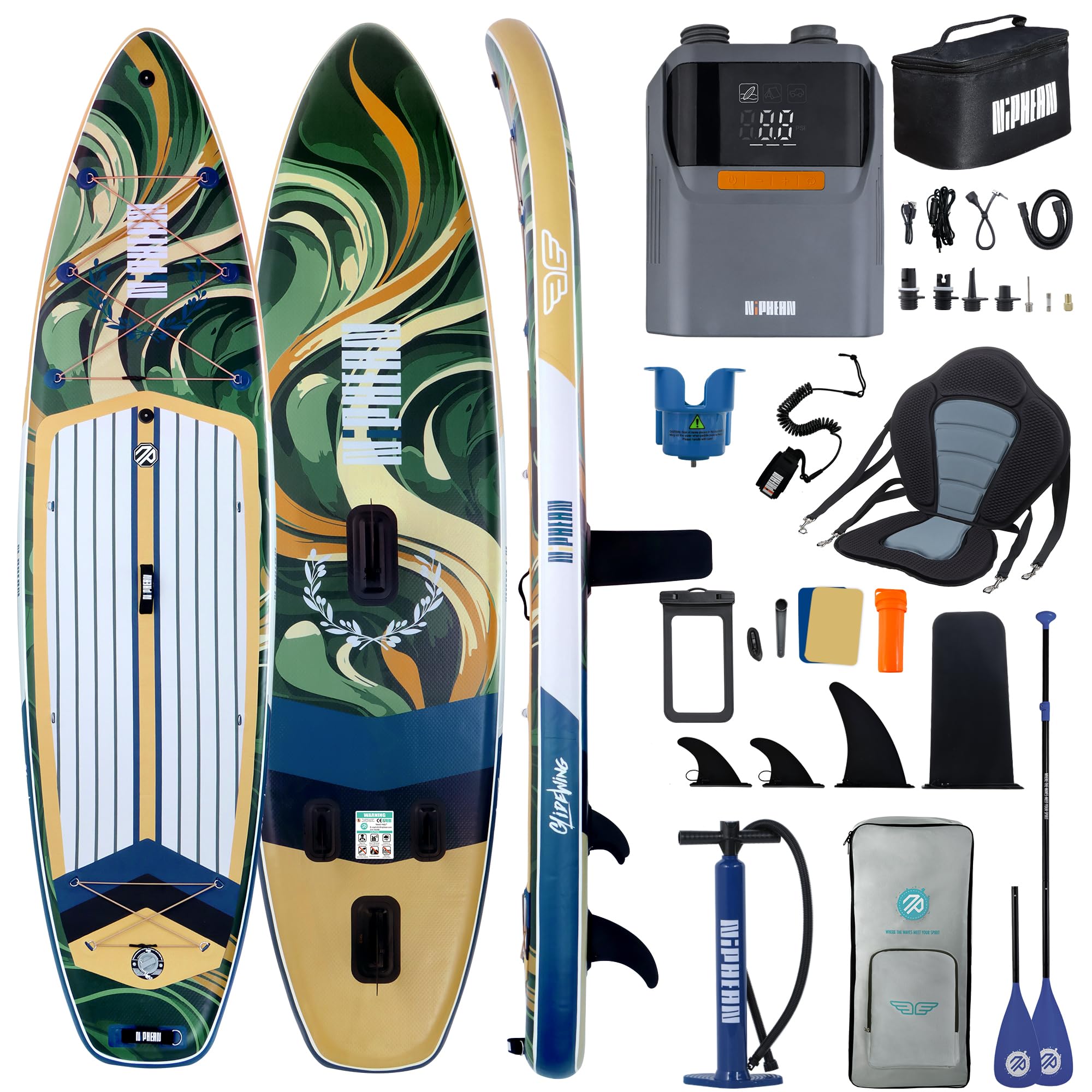 Niphean (Extra Groß) Stand Up Paddling Board, SUP für 2+1 Personen/Familien,Elektrische Luftpumpe Akku, 50 PSI Luftpumpe Elektrisch