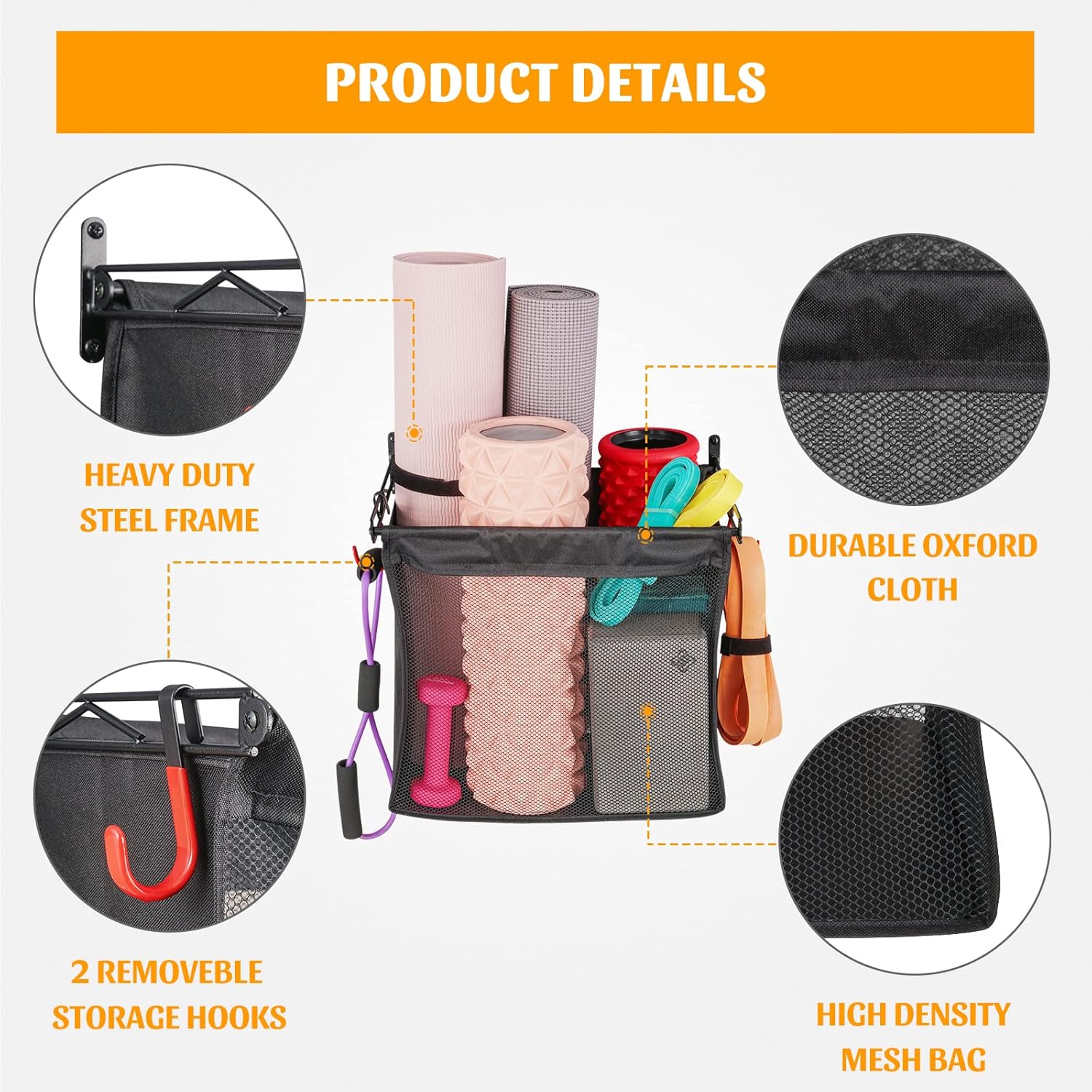 PLKOW Wall Mount Sports Ball Storage Rack 2 Pack, Ball Holder Home Gym Storage for Balls, Yoga Mat, Foam Roller, Toys, Heavy Duty Steel Frame with Oxford Cloth and Hooks, 2 Packs : Sports & Outdoors
