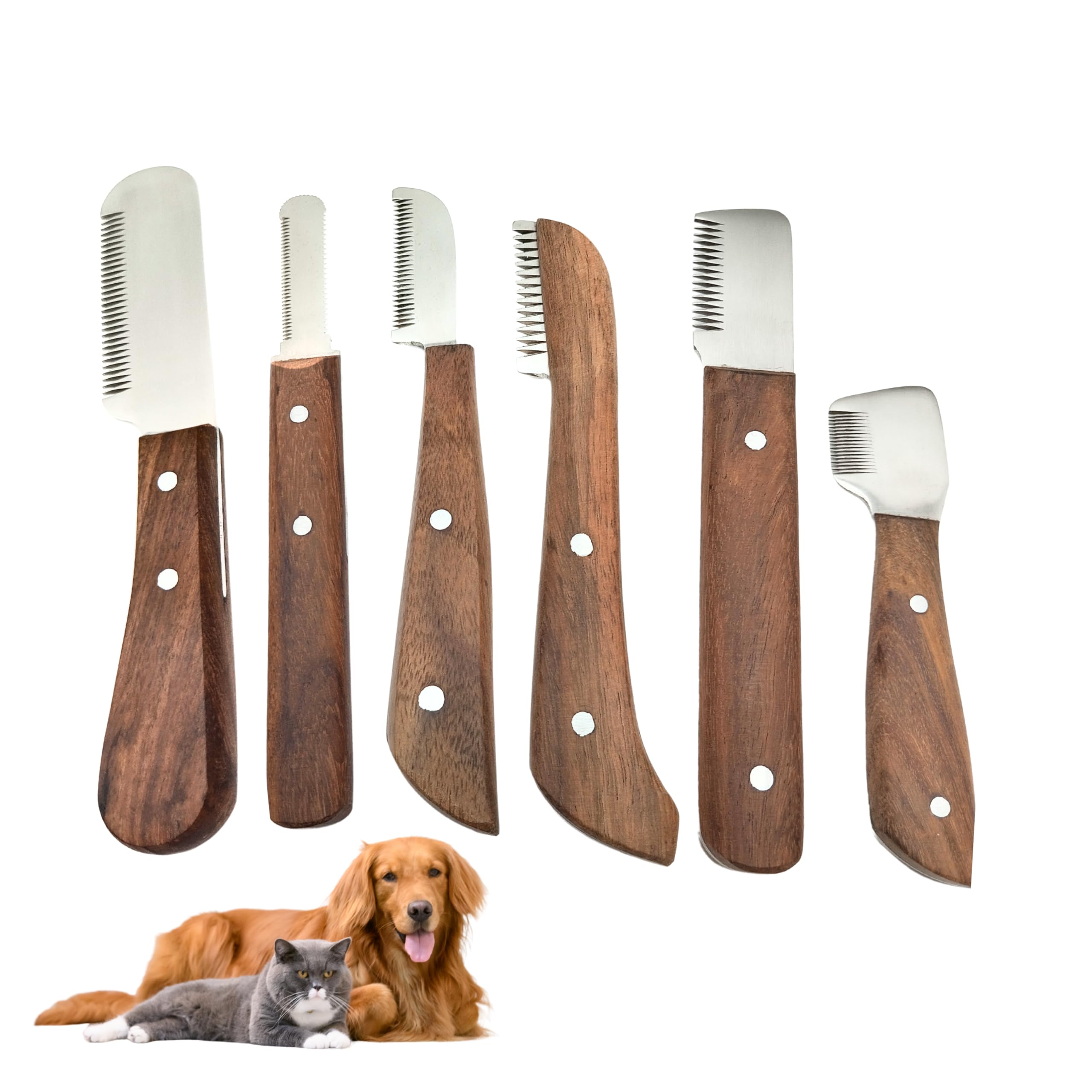 6-Piece Dog Grooming Stripping Knife Set – Professional Coat Rake & Grooming Tool Kit with Wooden Handles for Hand-Stripping, Deshedding & Trimming – Ideal for Terriers & Wire-Haired Breeds