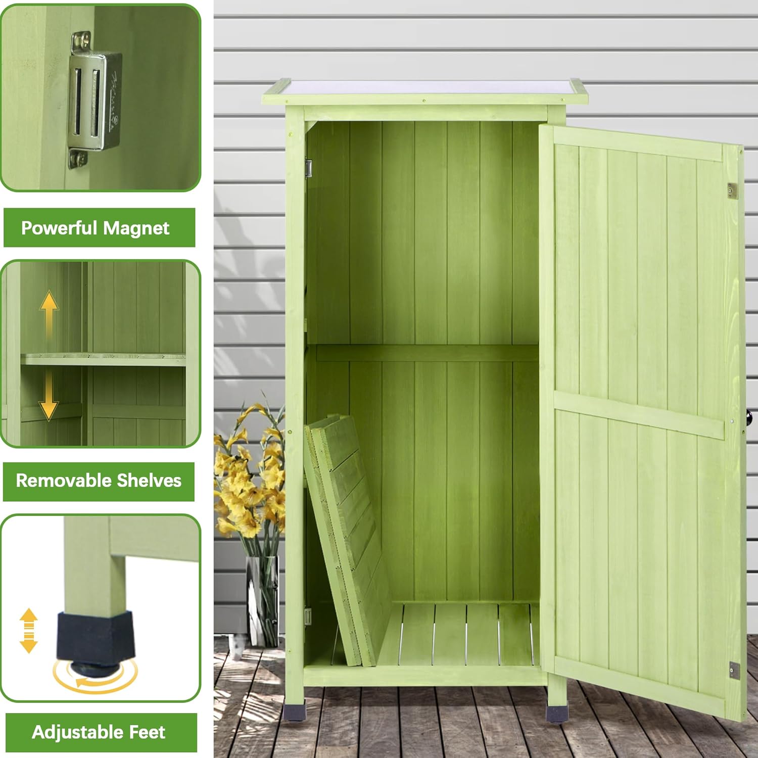 4x2 FT Wooden Outdoor Storage Cabinet, Vertical Storage Shed with Waterproof Metal Roof & 2 Adjustable Shelves Ideal for Yard, Patio, Deck and Porch
