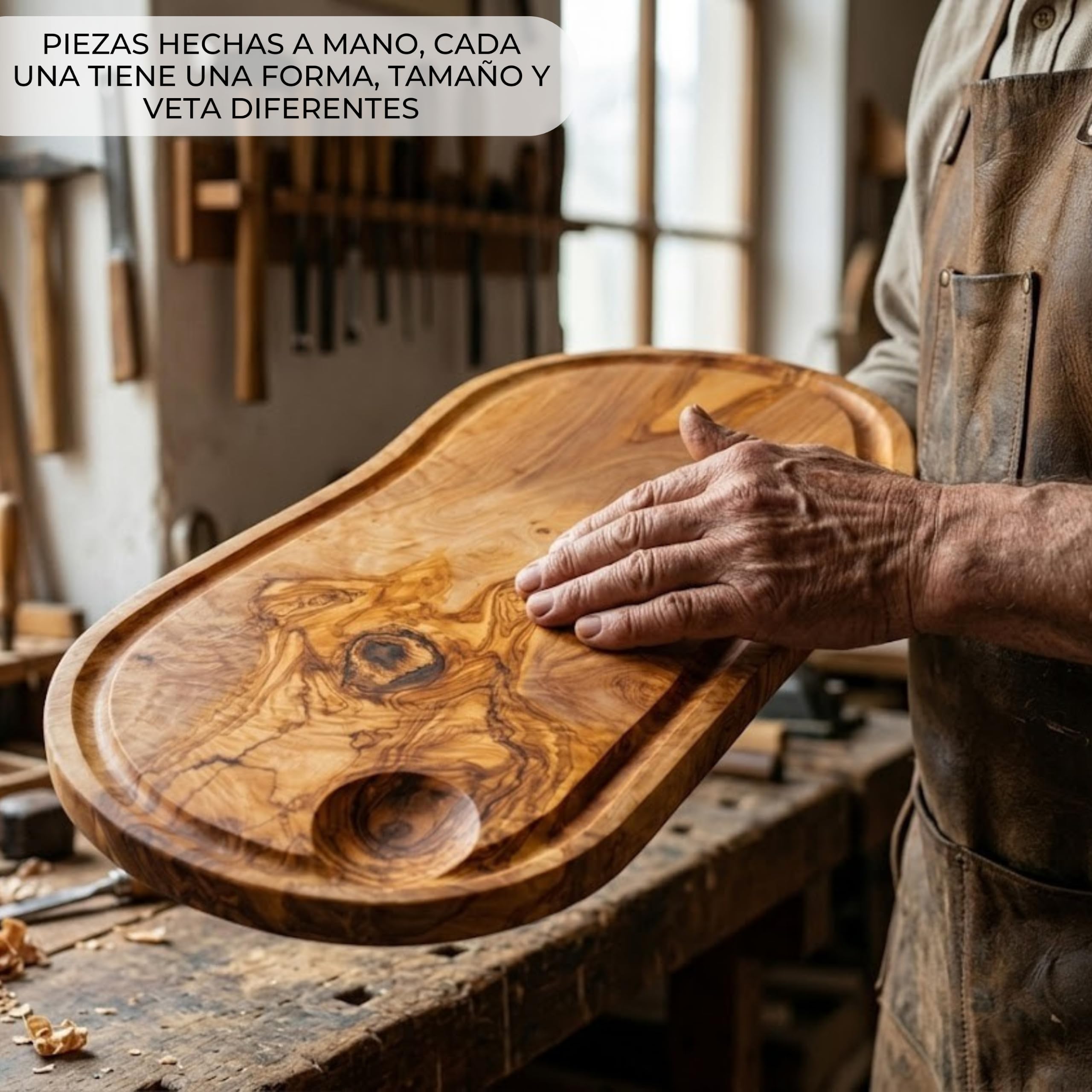 Erreke Tabla de Madera de Olivo Natural con Ranura, 43 x 21 cm, Uso Diario | Tabla Madera Cocina. Reversible con Canal para Jugos. Servir y Picar Carne Quesos. Estilo Mediterráneo. Para Cocina y Mesa