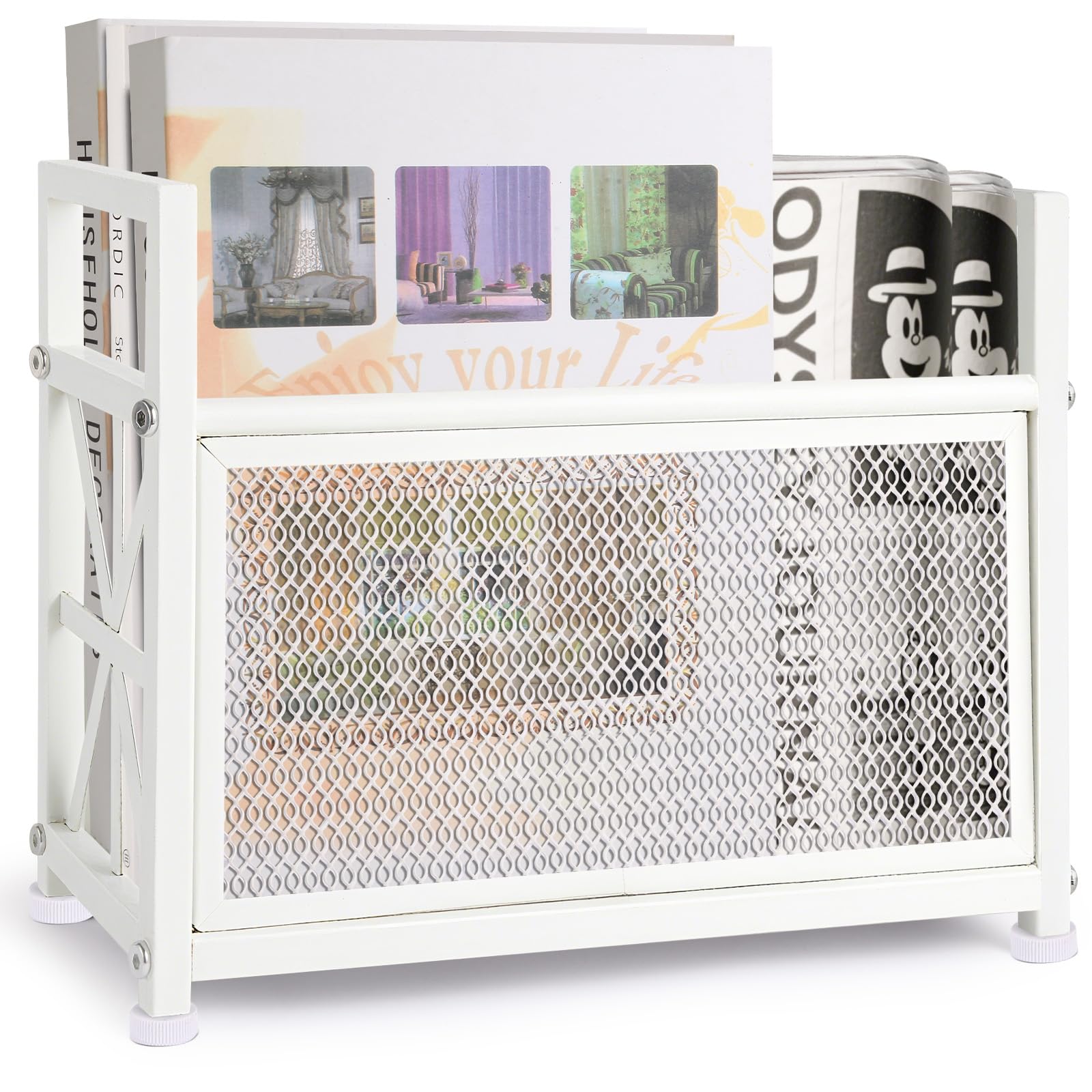 White Magazine Holder, Metal Magazine Rack Floor, Magazine Storage Basket, Mesh Magazine File Holder, Magazine Holders for Shelves，Magazine Stand for Desk, Folder Organizer Bin for Magazines