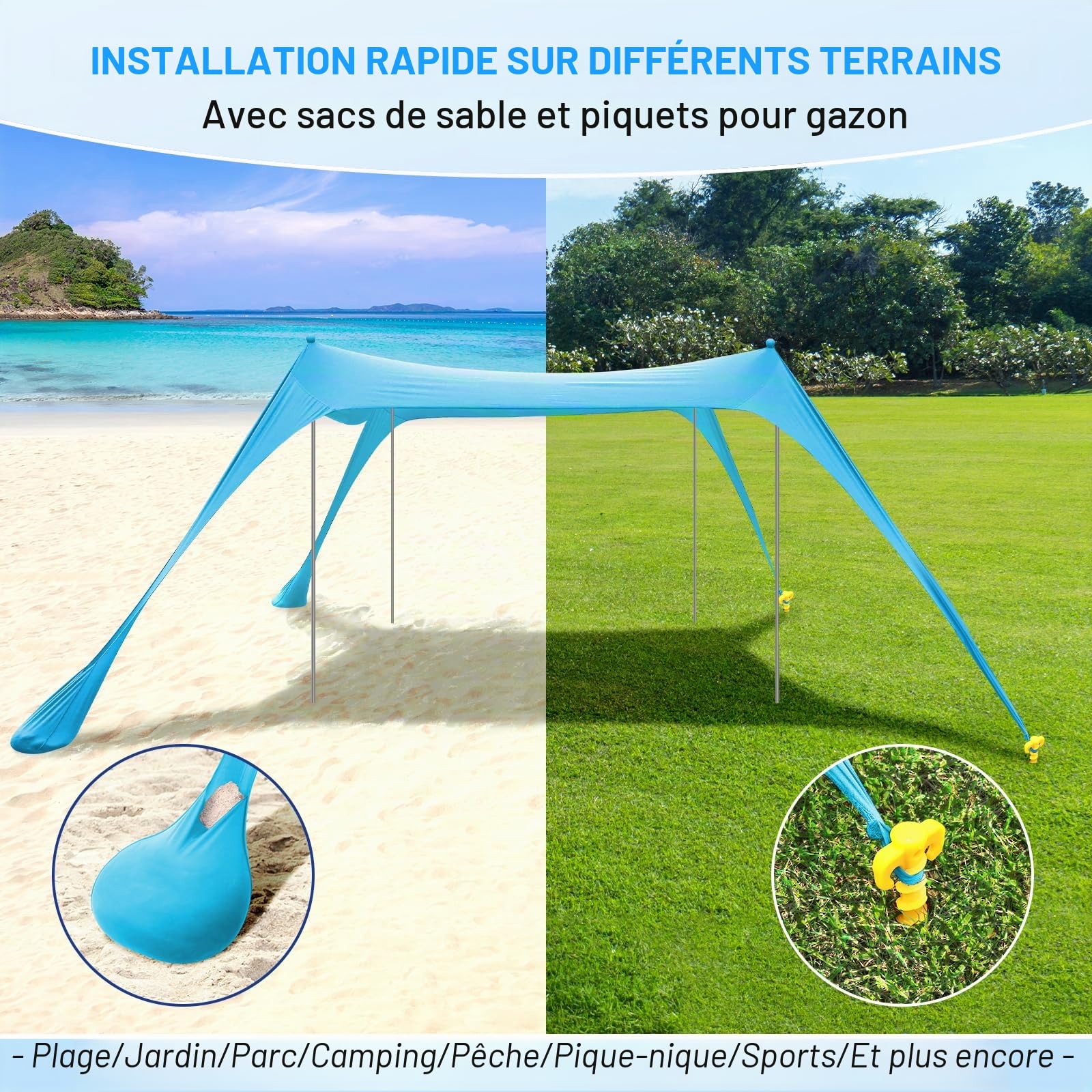 Sportneer Tente de Plage UPF50+ de 3 m avec 4 poteaux de stabilité, Pelle à Sable et piquets de Sol, Pare-Soleil d'extérieur Portable pour Plage, Camping, événements Sportifs, arrière-Cour