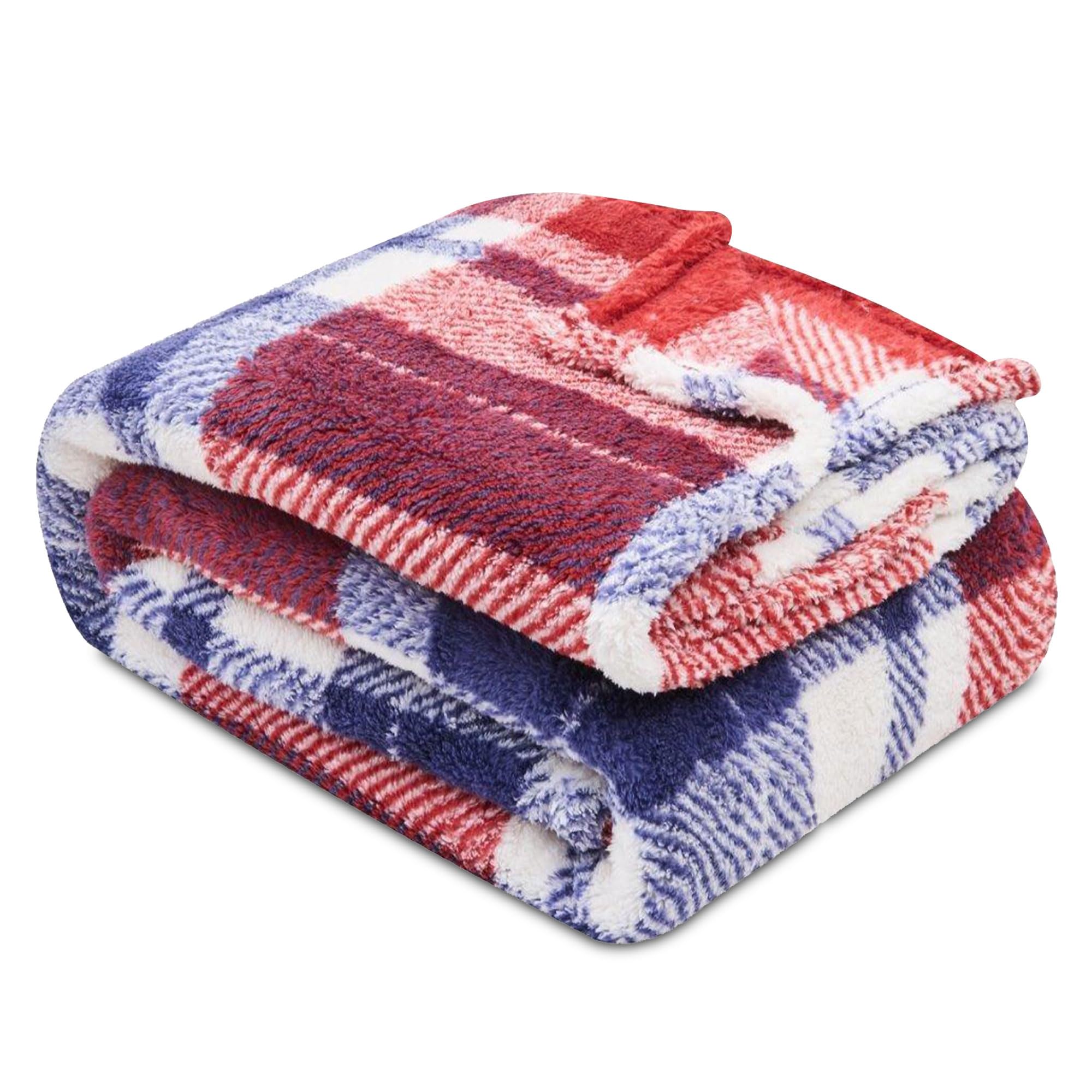 Velvetio Navy / Red Fluffy Tartan Check Throw 200 X 240Cm, Extra Large Teddy Fleece Sofa Settee Bed Blanket, Soft & Cosy Thermal Warm Checkered Travel Throws, Navy/Red