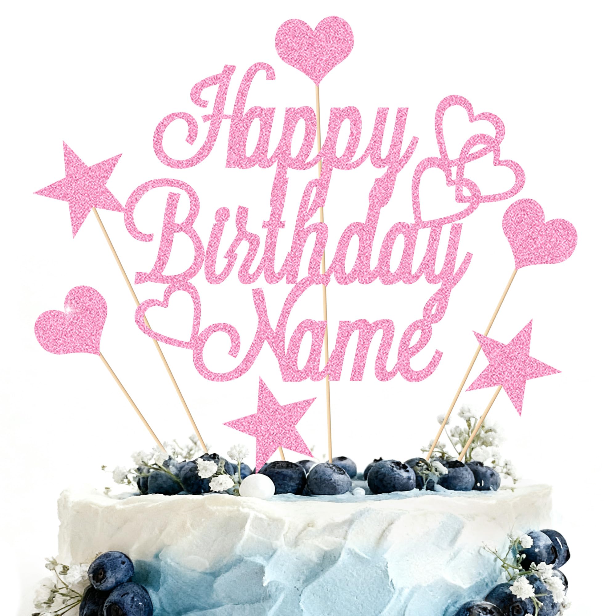 Personalised Happy Birthday Cake Topper | Customized Name Cake Decoration | Double Sided Glitter Card | Baby Pink