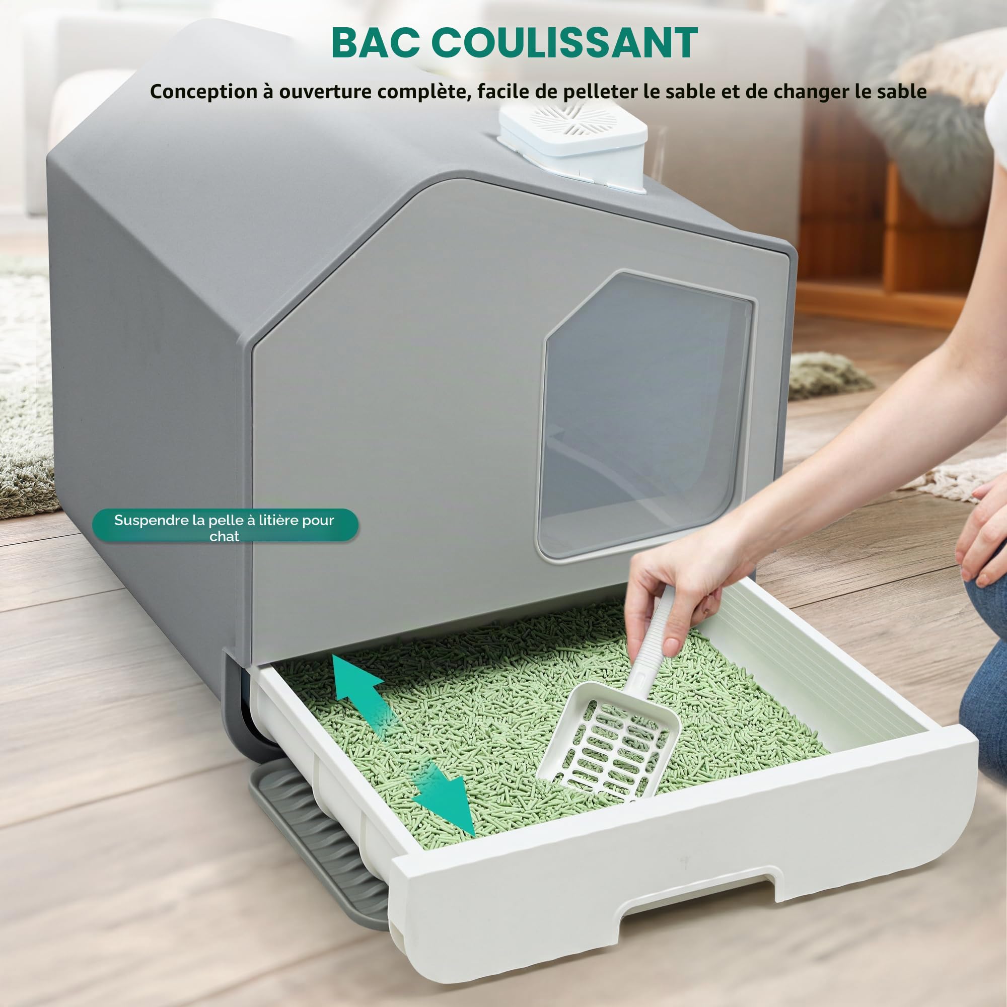 YITAHOME Litière pour Chat avec Couvercle, Design cabane, Grand bac à litière fermé avec Capot, Toilettes Profondes pour Chat avec tiroir, Pelle à litière, Tapis de litière désodorisant, Maison de
