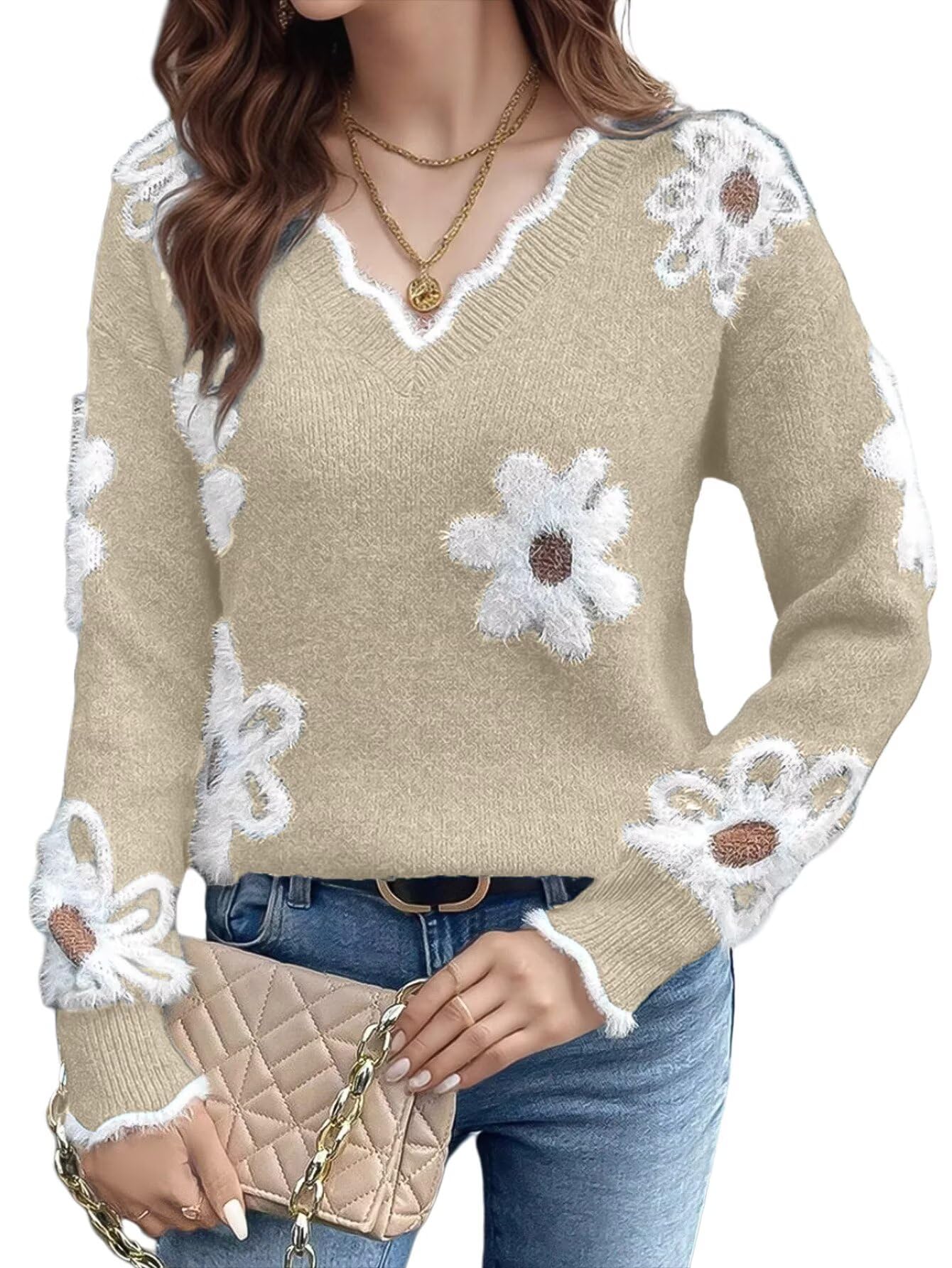 Women's 2026 V Neck Floral Sweaters Casual Long Sleeve Fuzzy Knit Pullover Sweaters Dressy Casual Tops-image-13