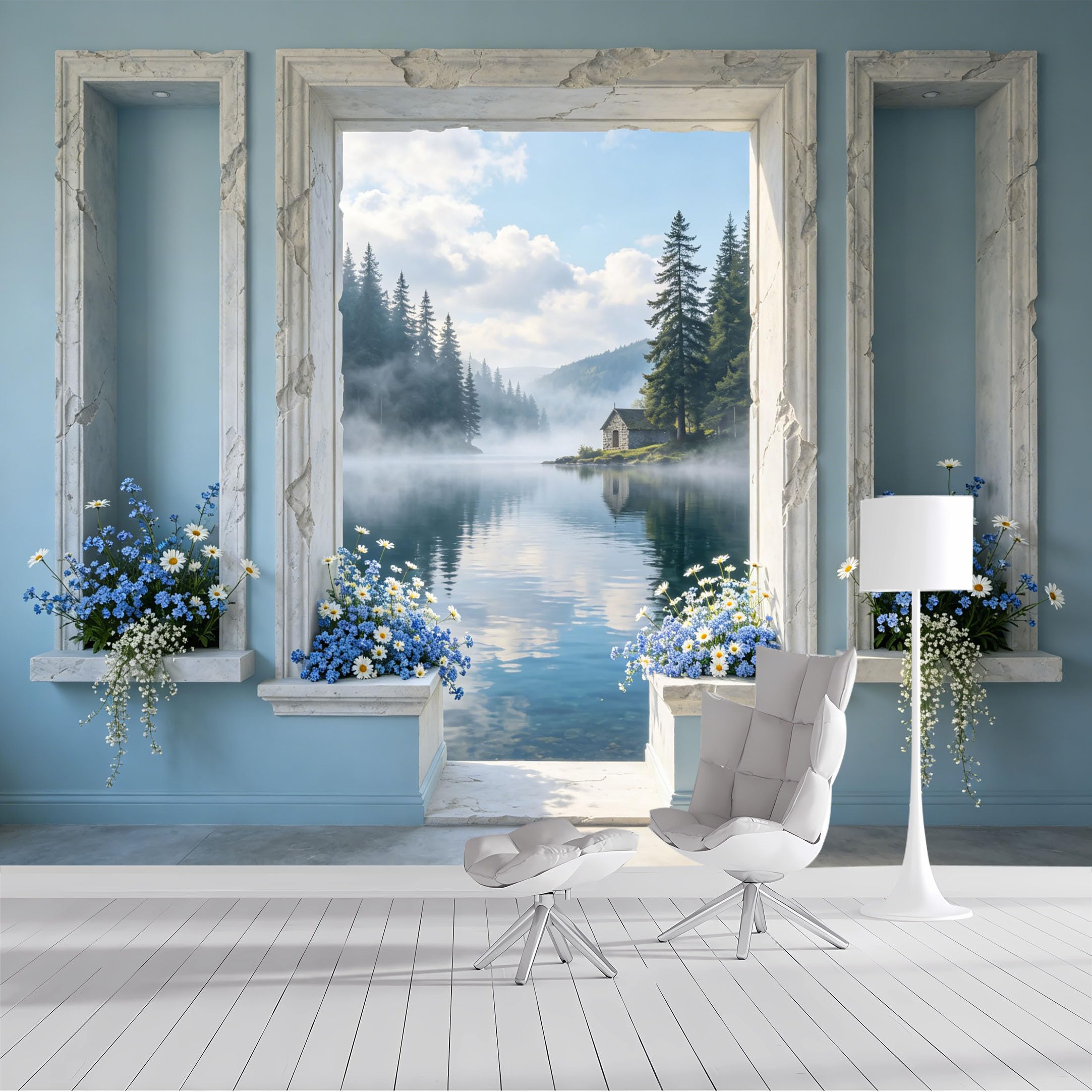 Custom Size Wall Mural Misty Lake Forest Cabin Window View Floral Botanical 3D Effect SelfAdhesive Wall Fabric Removable Wallpaper Wall Decor for Living Room Bedroom Bathroom