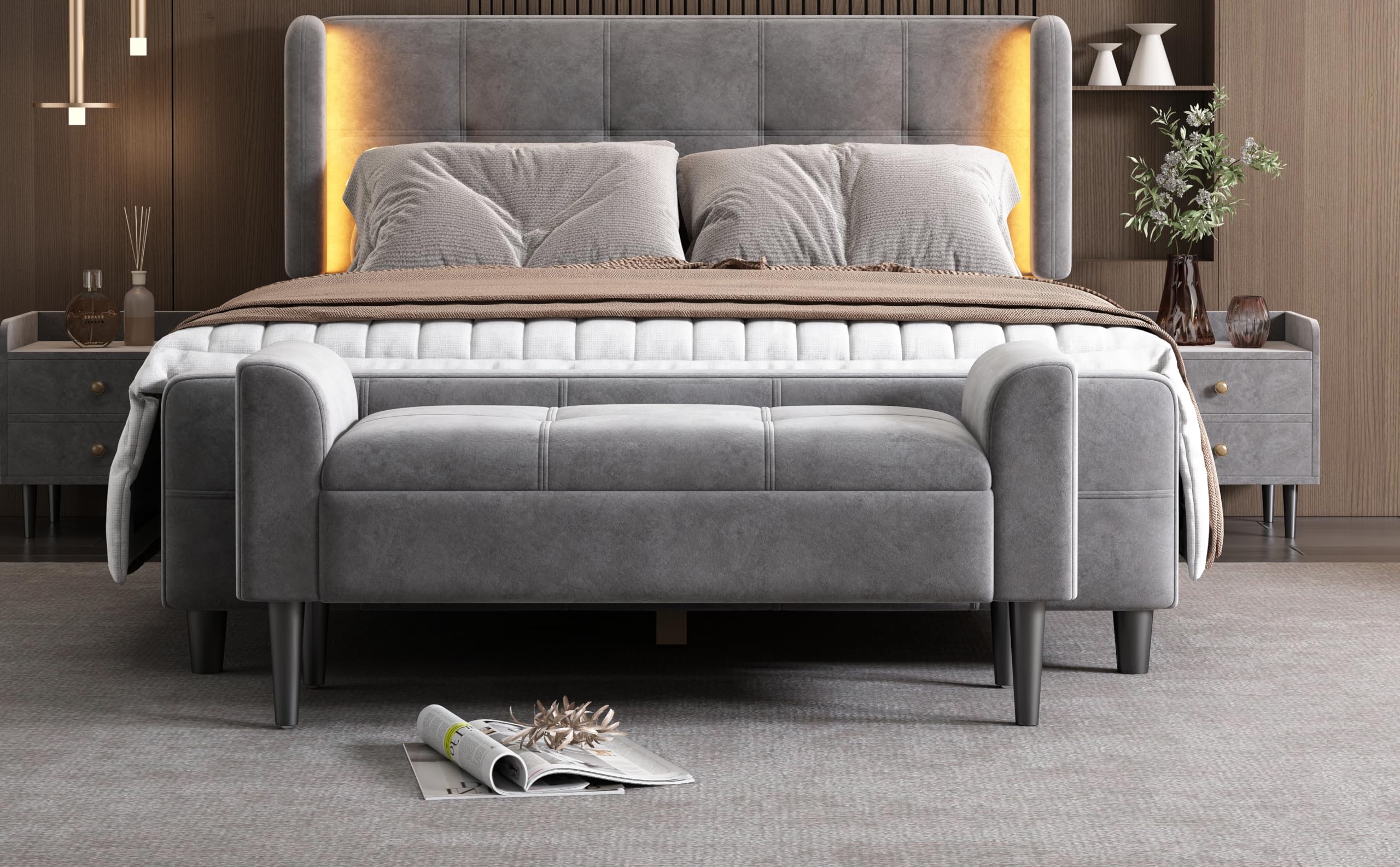 Panca Imbottita con Braccioli in Velluto, Bettbank con Steppmuster e Contenitore, MDF, Multiuso per Camera da Letto, Pianoforte ed Esszimmer, Grigio, 116 x 44 x 56 cm