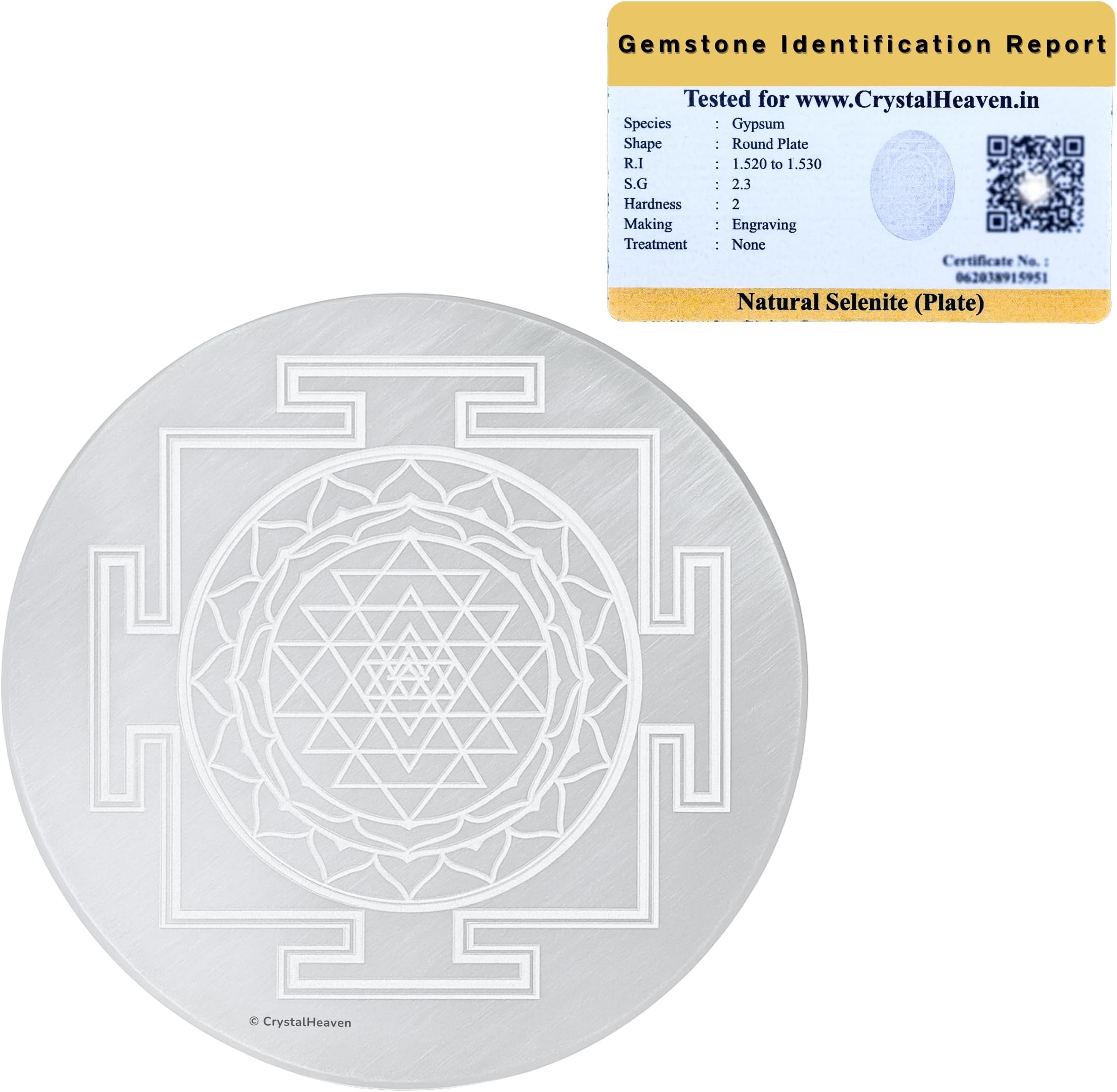 Selenite Crystal Charging Plate, 7.5cm Engraved Sri Yantra Selenite Plate for Crystal Cleaning Re-Energy Work, Meditation and Pooja - Sri Yantra