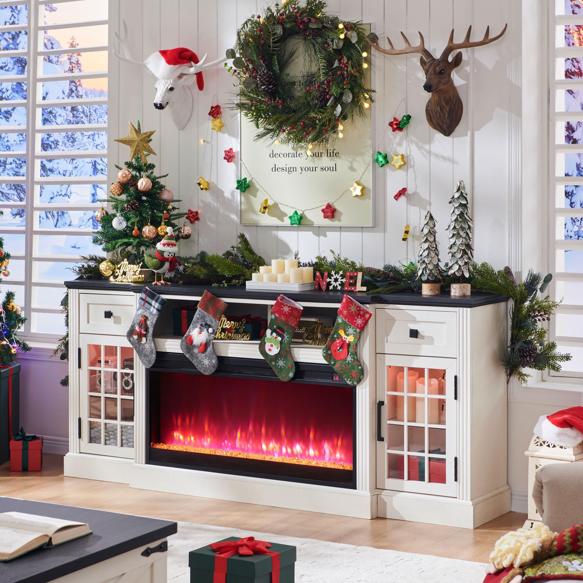 ACCOHOHO Farmhouse Fireplace TV Stand for 80 Inch TV, Entertainment Center w/ 36'' Electric Fireplace & LED Lights, Mordern Media Console with Storage