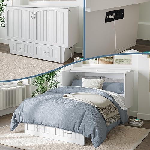 AFI, Nantucket - Cómoda de cama Murphy de tamaño matrimonial con colchón, cajón de almacenamiento y cargador USB integrado, color blanco