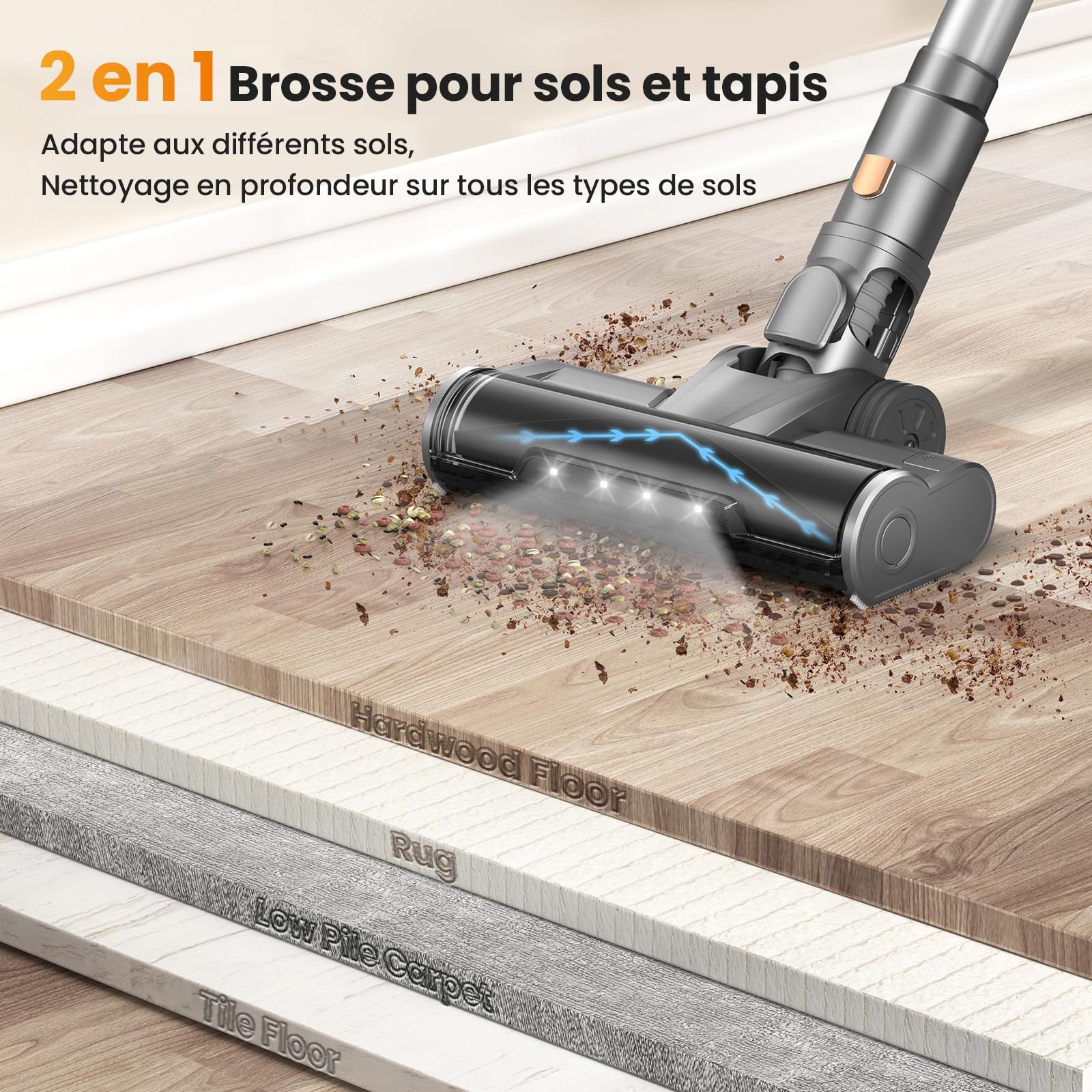 Aspirateur Balai sans Fil, 400W 45KPa Aspirateur sans Fil Puissant, 55Min Autonomie, Brosse Anti-emmêlement, Batterie Amovible, Aspirateur sans Sac avec LED Écran pour Tapis Poils d'animaux Sol Dur