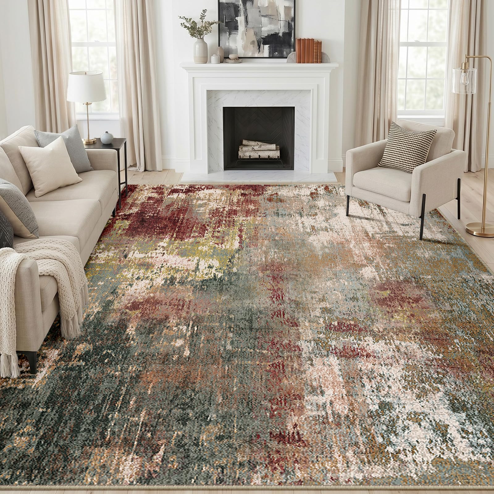 DEFYNEE Modern Abstract Rugs Living Room, 180x270 cm Large RugNon-Slip Soft Low-Pile Washable Rug for Hallway, Bedroom, and Dining Room-Redbrown