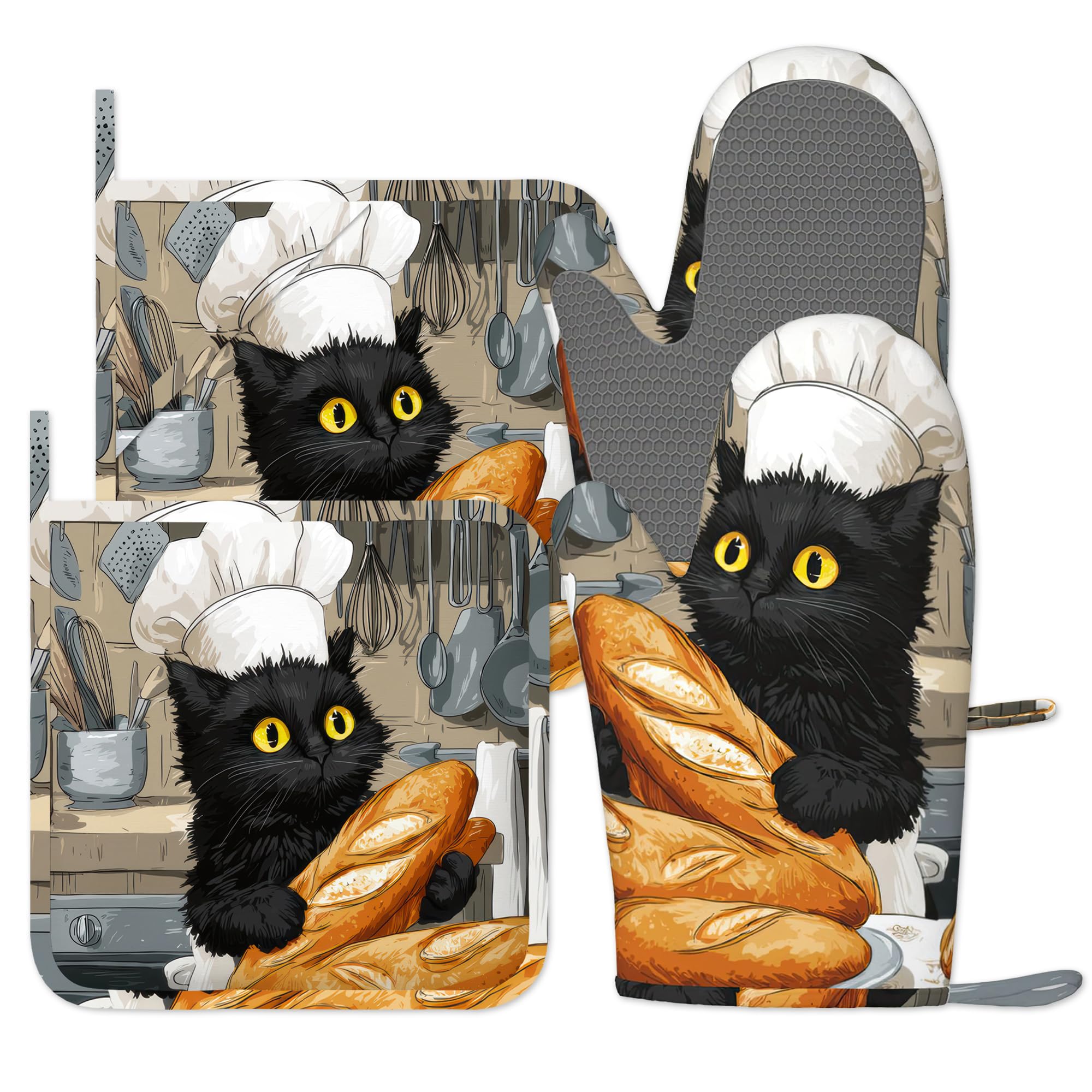 Cute Black Cat Oven Gloves Heat Resistant, Oven Mitts and Pot Holder Chef Kitchen Non-Slip Silicone Cooking Microwave Gloves for Cooking Baking Grilling