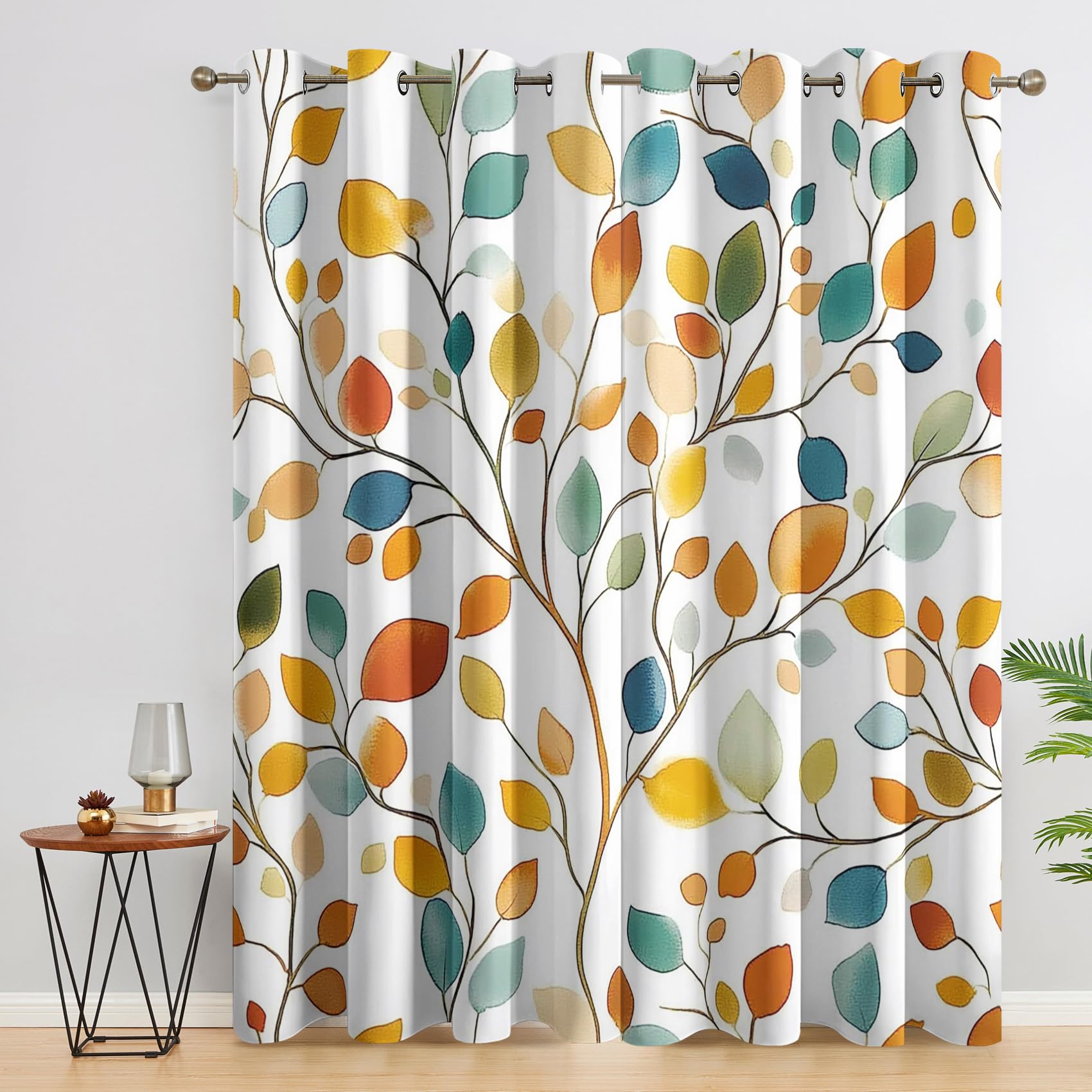 Bunte Blätter Vorhänge, Verdunklungsvorhänge mit Muster Botanisch, Vorhang Blickdicht mit Ösen, Gardinen für Wohnzimmer Schlafzimmer Deko 2er Set - 160x132 (H X B)