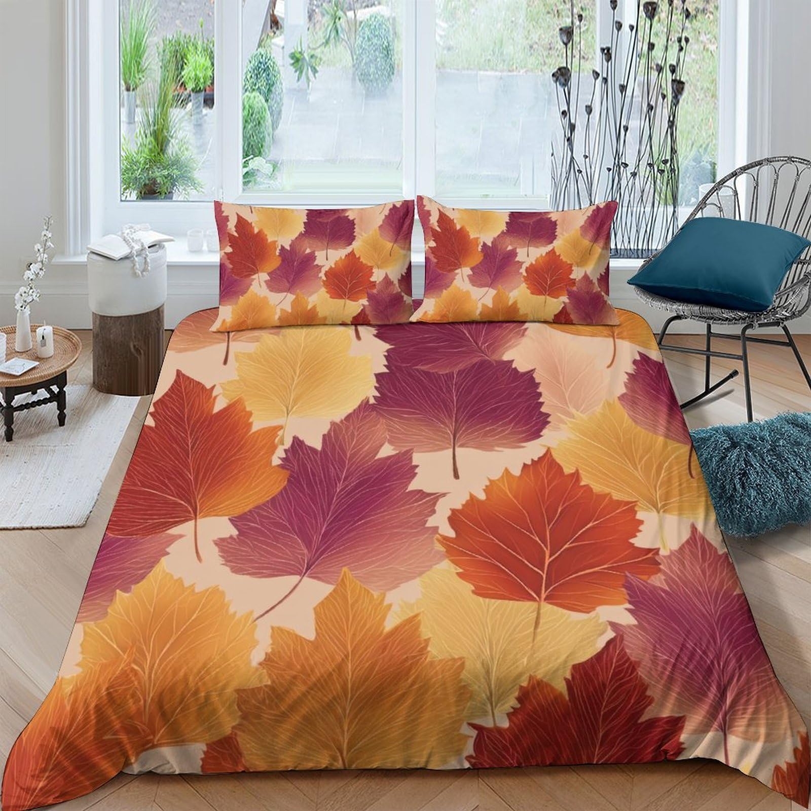GPLZQXKJNH 3D Printed Autumn Maple Leaf Duvet Cover Microfiber Soft Breathable Bedding Set with 2 Pillowcases for Bedroom Decor Single（135x200cm）