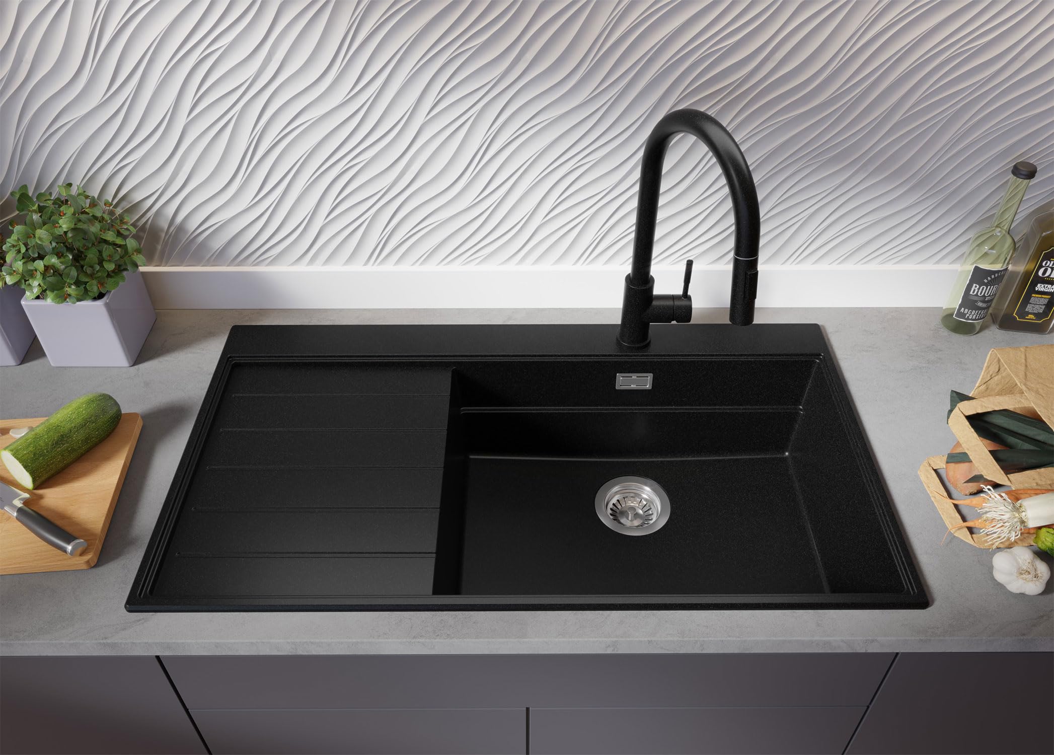 PRIMAGRAN Evier Cuisine en Granit au Meuble 60cm + Robinet, 90x50cm