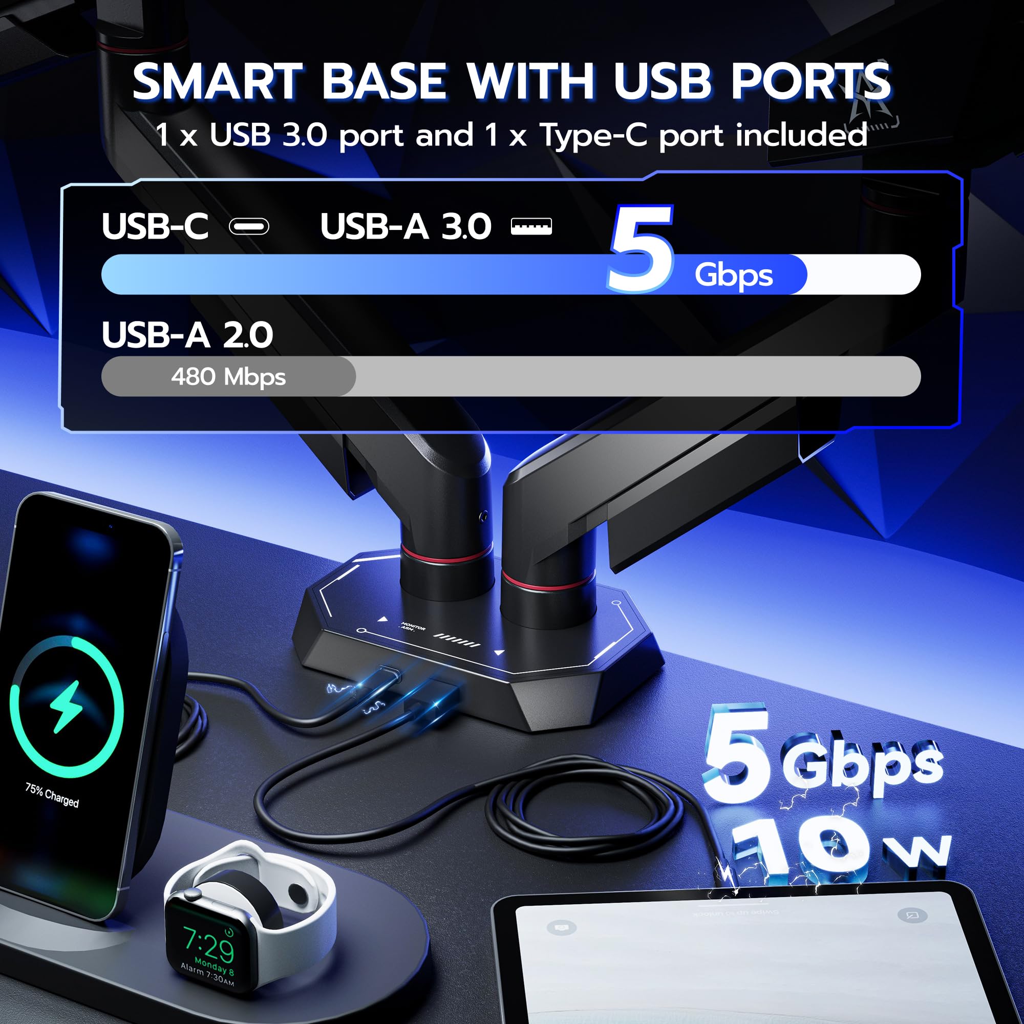 ARES WING Braccio per doppio monitor resistente, completamente regolabile, per schermi ultramampi piatti e curvi da 17-35 pollici, fino a 12 kg, con USB A/C, morsetto a C e base con occhiello
