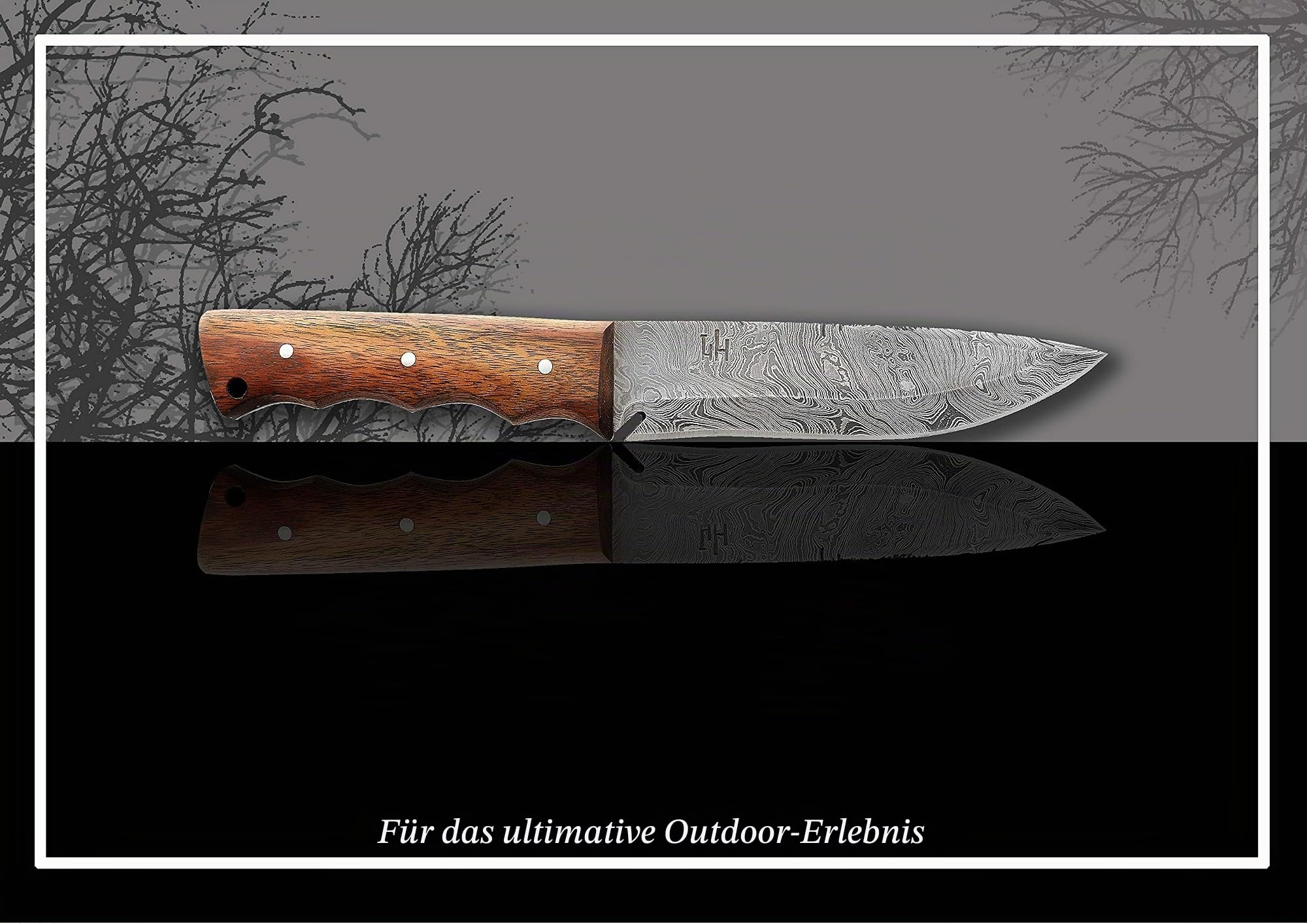 Hobby Hut HH-401, Bushcraft damaststahl Survival Messer, Damastmesser Jagdmesser mit Lederscheide, Extra Scharf, Walnuss Holzgriff, Festehnde and Camping Messer,