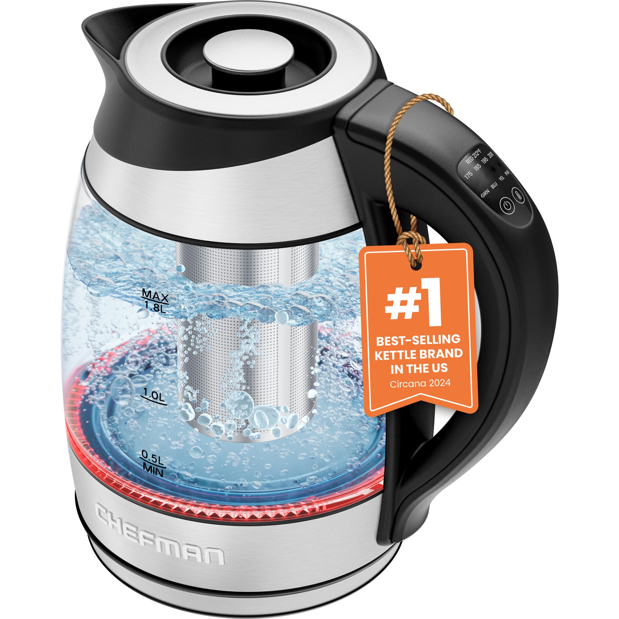 Chefman Electric Kettle with Temperature Control, 5 Presets LED Indicator Lights, Removable Tea Infuser, Glass Tea Kettle & Hot Water Boiler, 360° Swivel Base, BPA Free, Stainless Steel, 1.8 LitersChefman Electric Kettle with Temperature Contro…