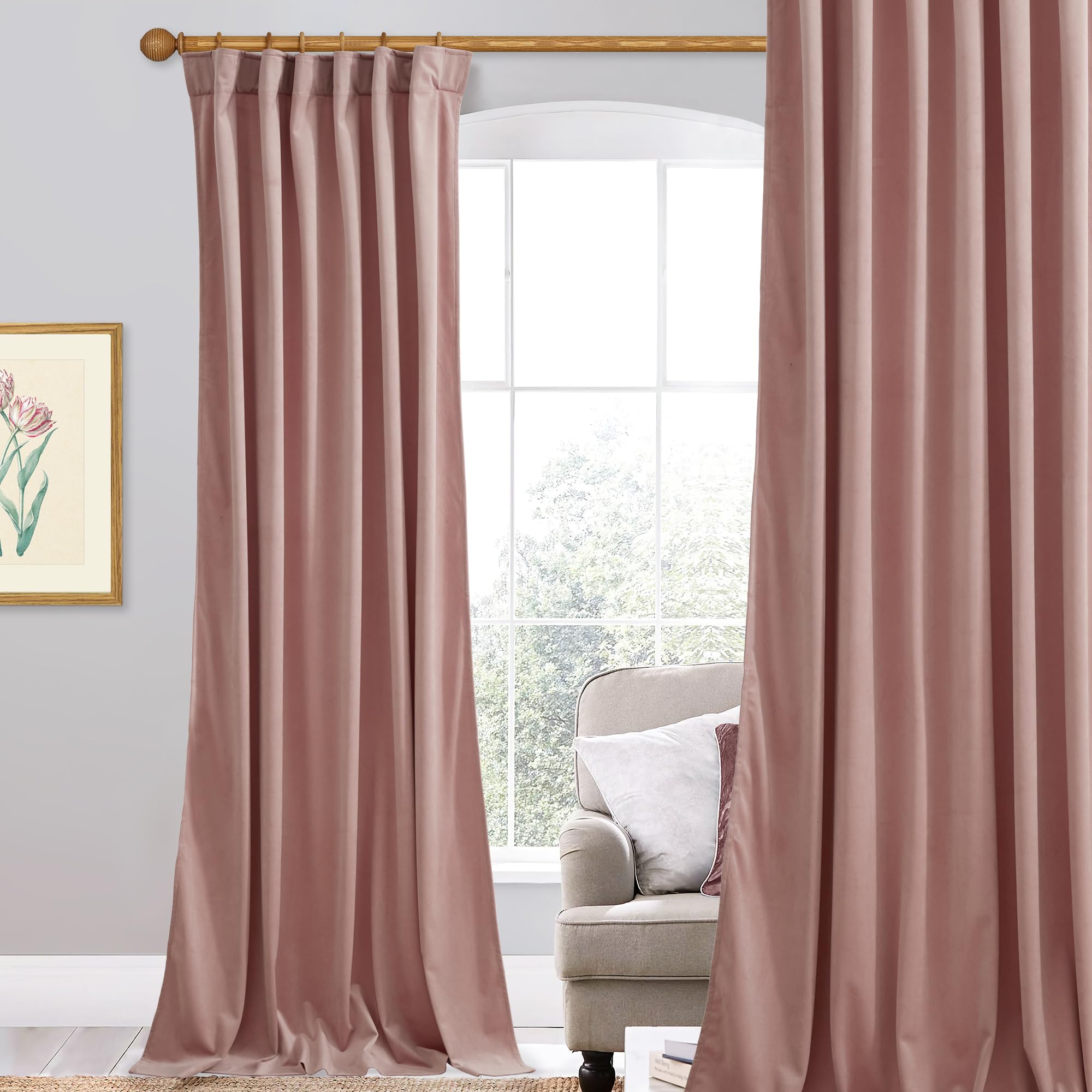 StangH Pink Velvet Curtains 96 inches Long for Living Room, Dusty Pink Baby Girls Bedroom Window Decor Thermal Insulated Back Tab Drape for Dining