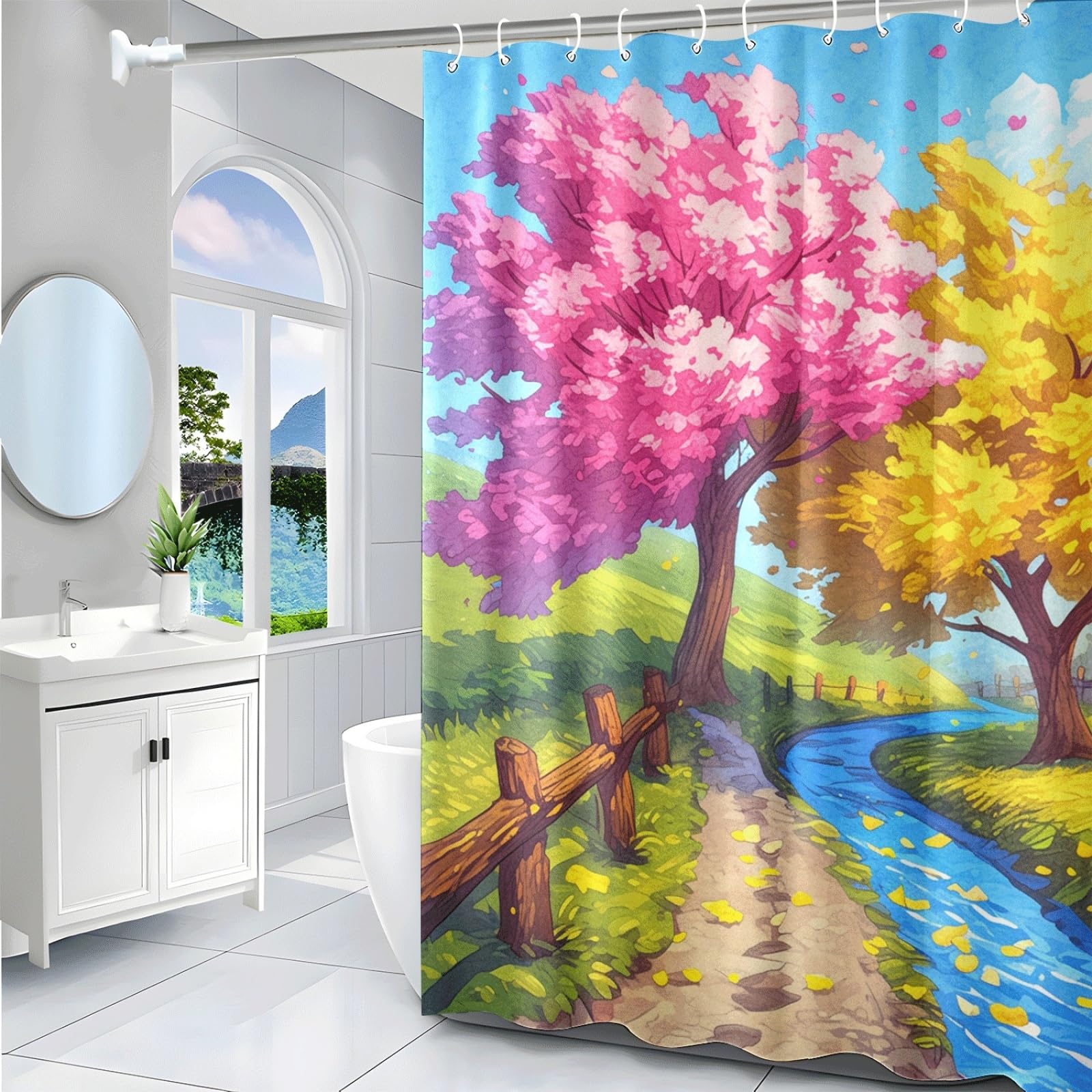 Tenda Doccia Alberi Gialli Rosa Tenda Doccia Antimuffa Impermeabile Poliestere Lavabile con 12 Ganci Facile da Installare Tende Finestra Bagno per Dormitorio Hotel(180x220cm)