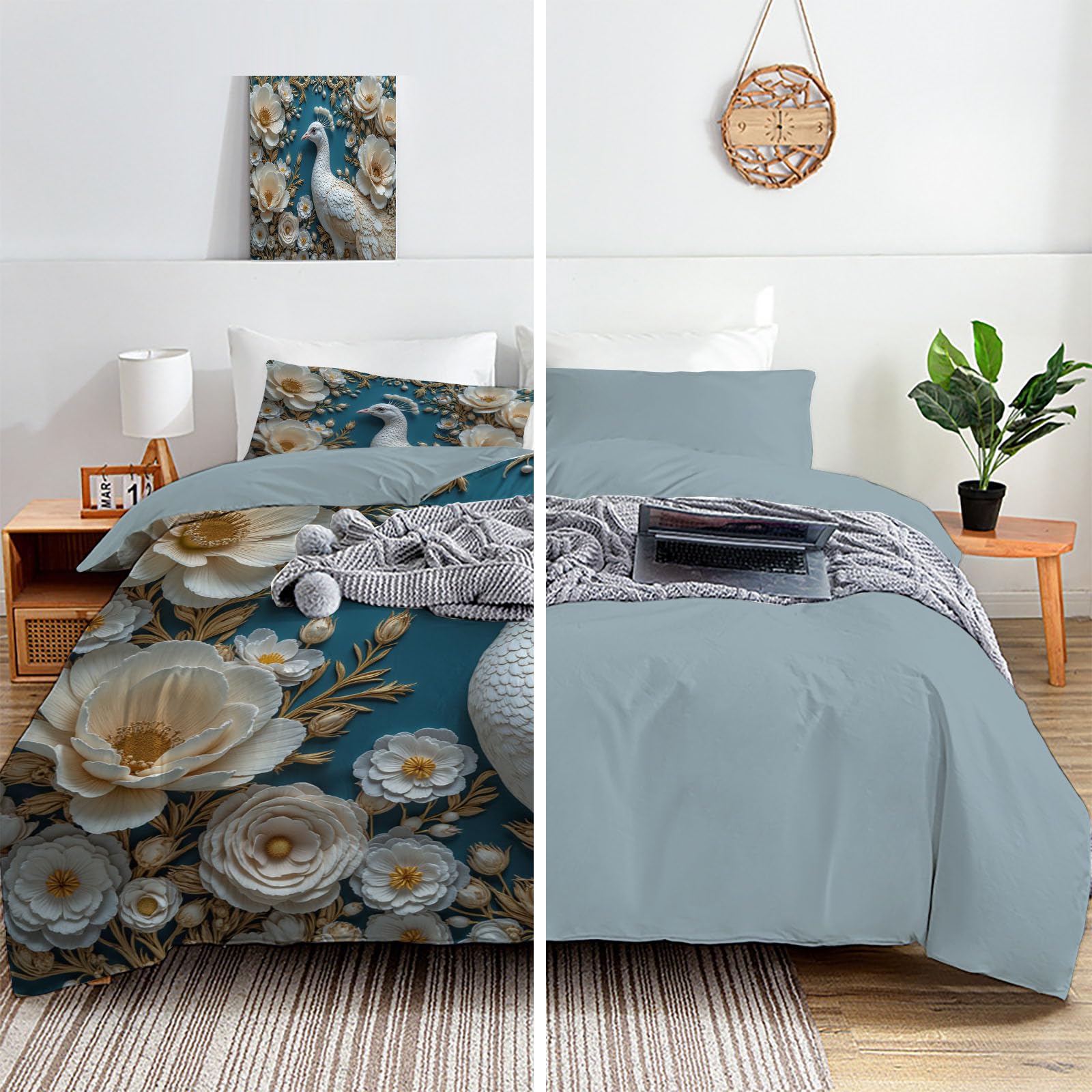 Copripiumino Matrimoniale Lusso Sollievo Floreale, Set di Biancheria da Letto Microfibra 3 Pezzi, Parure Copri Piumino 220x240cm e 2 Federa 50x75, Bianco Copritrapunta con Cerniera