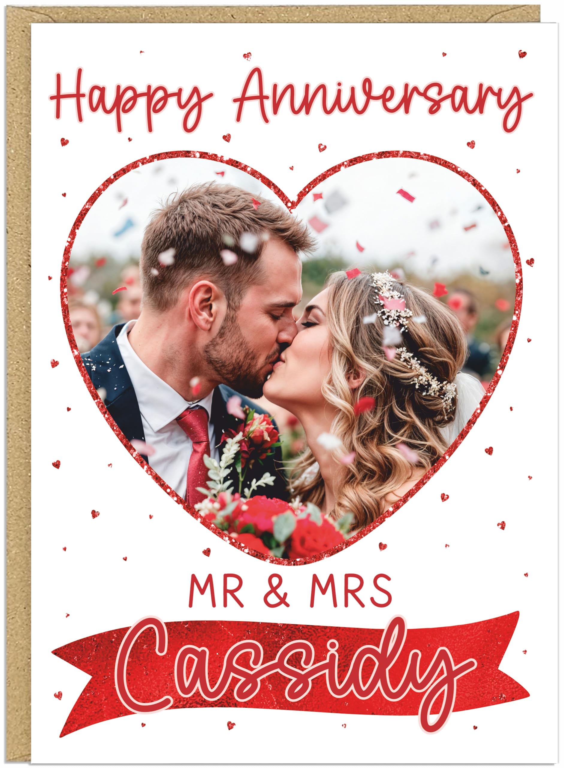 Happy Wedding Anniversary Personalised Cards Custom Mr & Mrs Surname Upload Own Photo Heart Frame Happy Anniversary Keepsake for Couples Husband Wife A5 (Red)