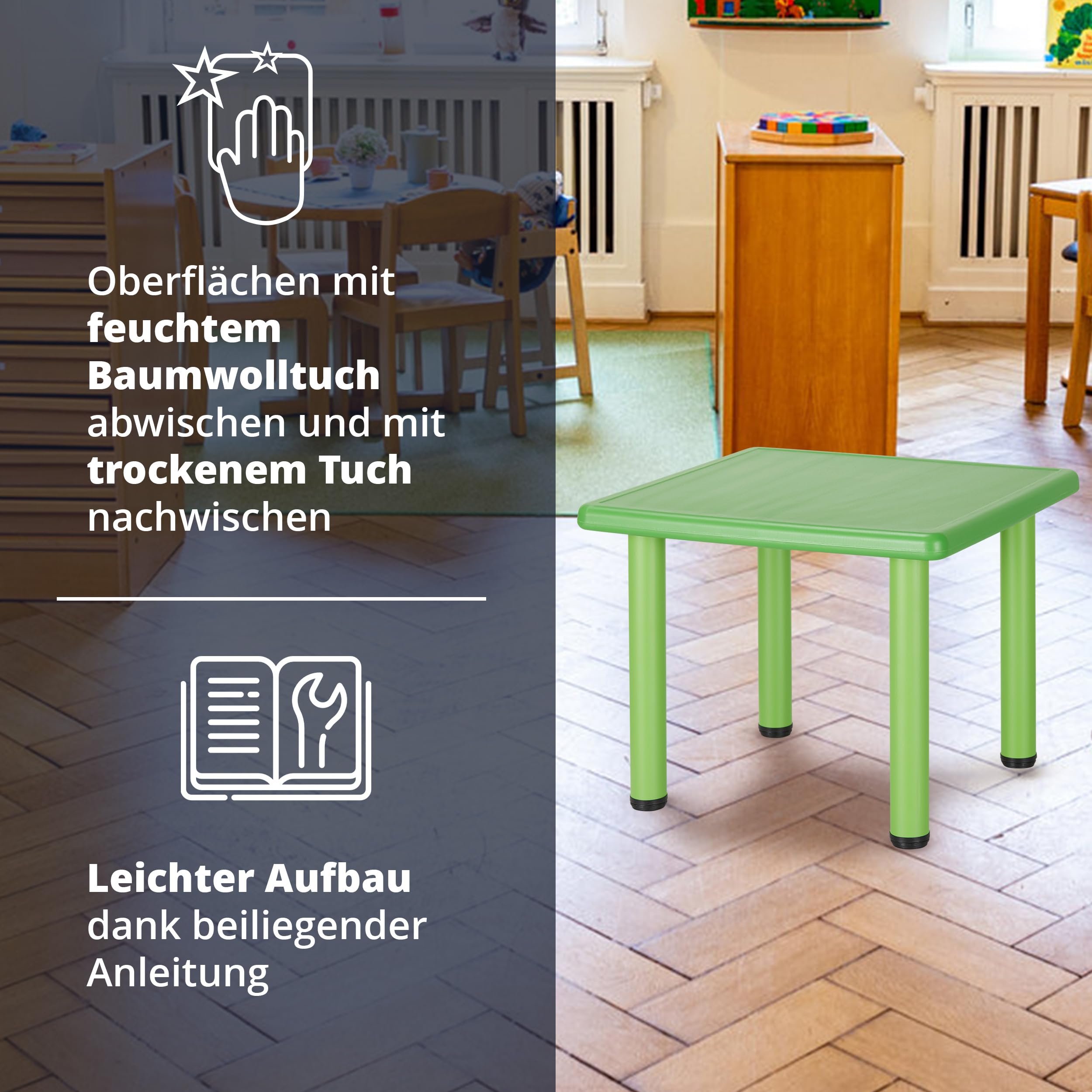 KHG Kindertisch Grün Sitzgruppe aus pflegeleichtem Kunststoff für Drinnen & Draußen, 30kg belastbar, sicher & geprüft 62x50x62 cm