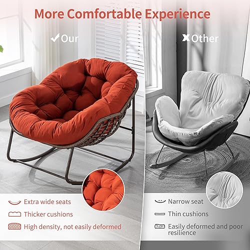 Miniatura 4 de HOMEFUN Juego de 2 mecedoras para patio al aire libre, mecedora Papasan de gran tamaño con cojín acolchado, silla mecedora para porche delantero,
