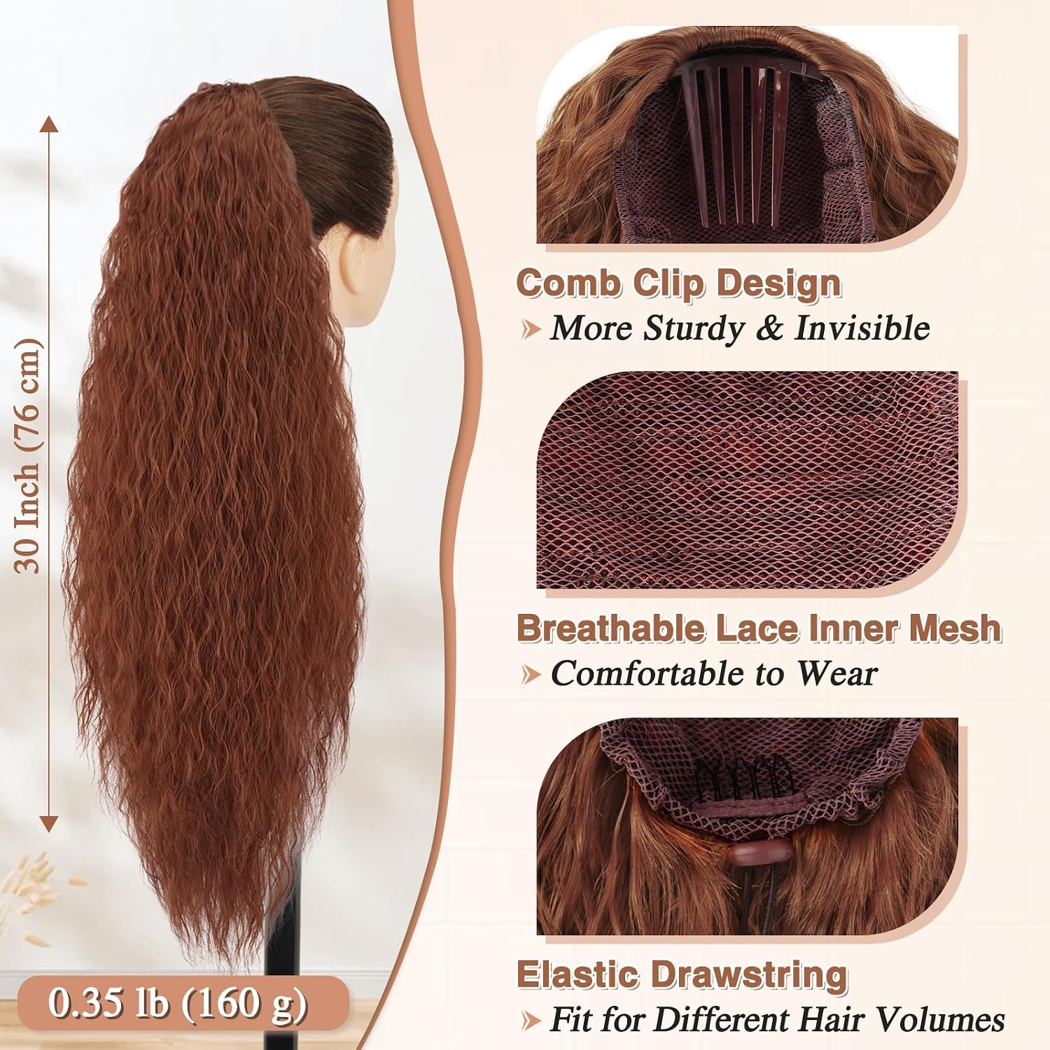 BARSDAR 30 Inch Auburn Long Curly Drawstring Ponytail Extension – Synthetic Comb Clip in Pony Tails Hairpieces for Women, Voluminous Natural Looking Long Curly Auburn Ponytail Hair Extensions