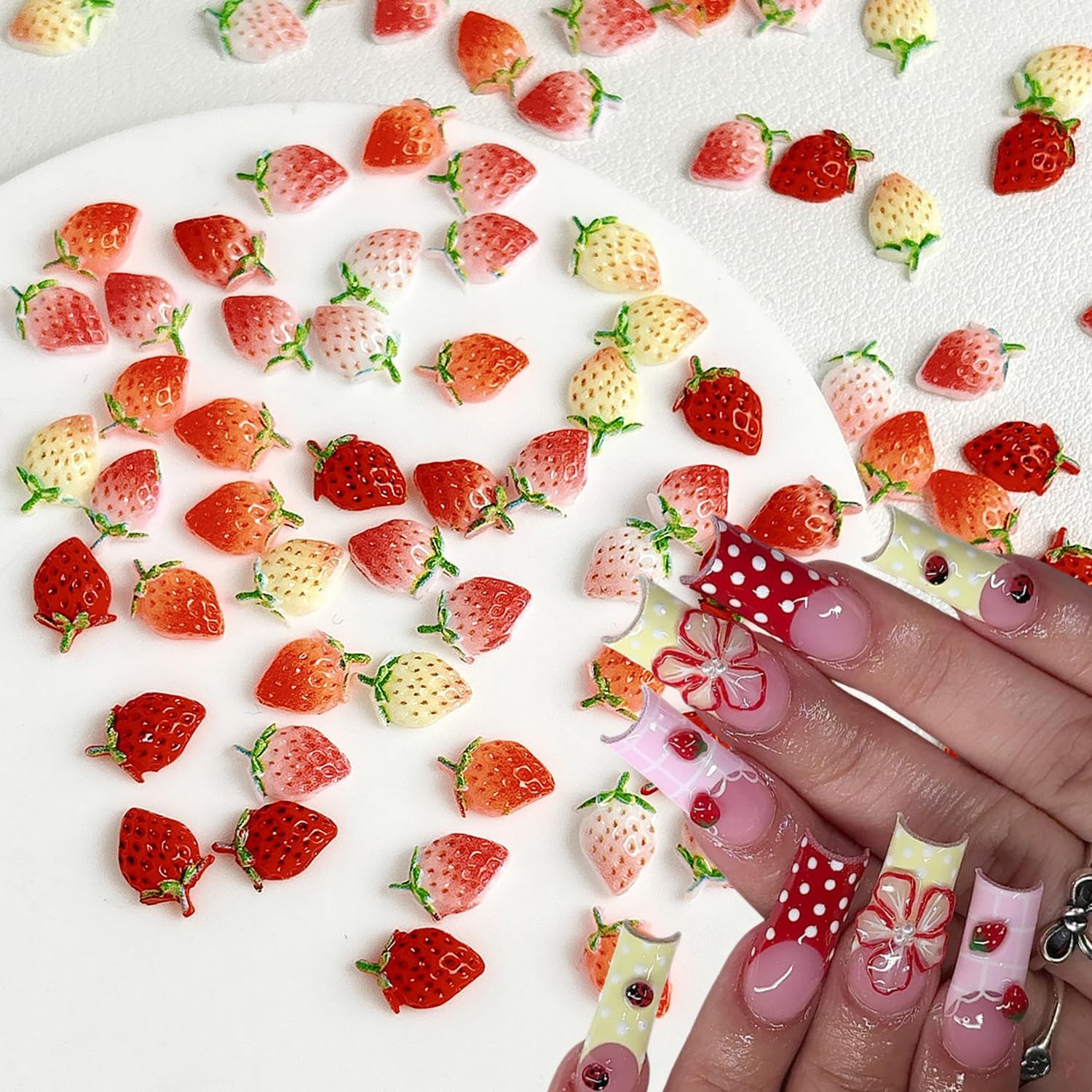 50Pcs 3D Cute Strawberry Nail Charms, Resin Fruit Shape Nail Art Charms Sweet Mini Strawberry Nail Gems and Rhinestones Summer DIY Manicure Nail Decorations for Women Girls Nail Art Design