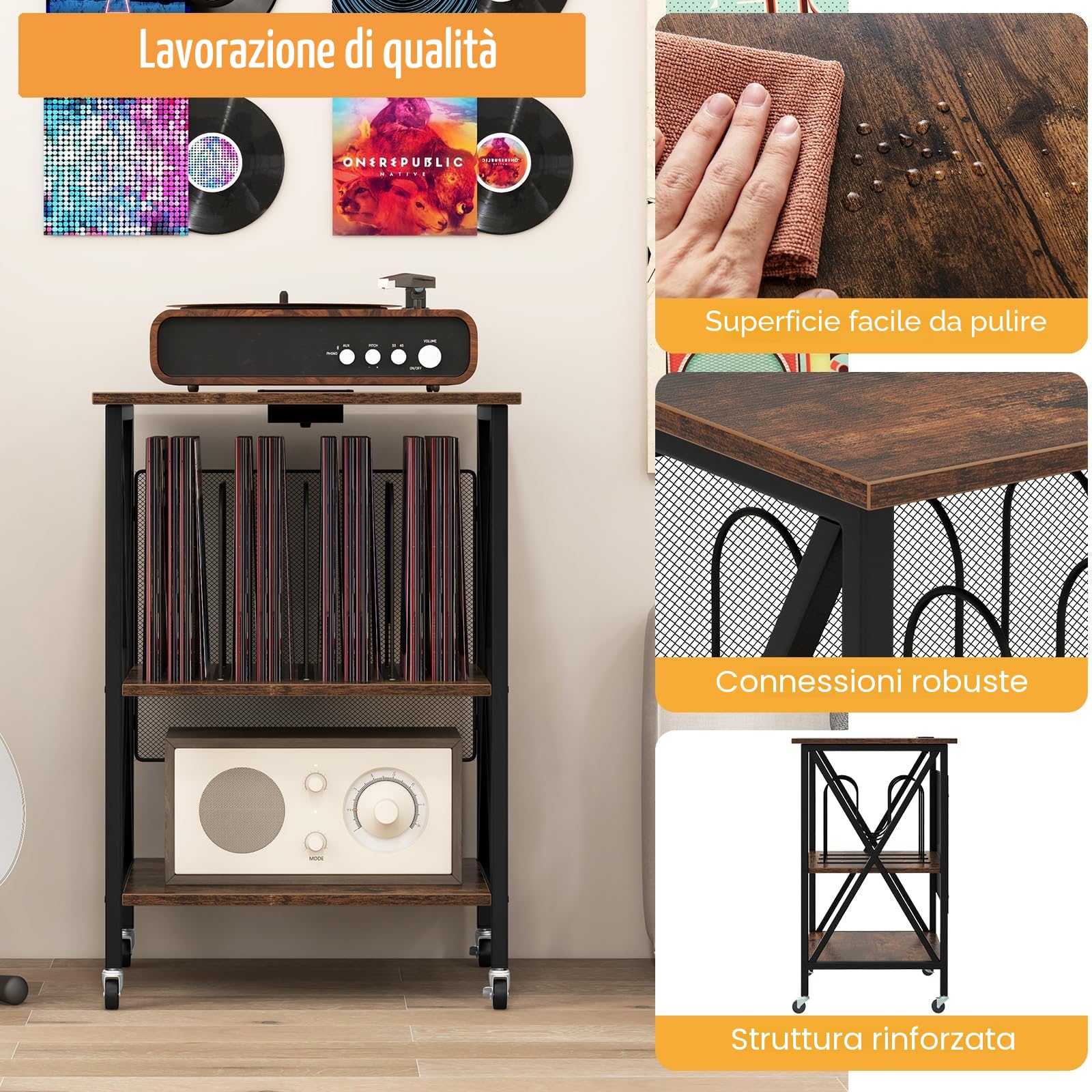 LIFEZEAL Mobile Giradischi e Porta Vinili, Supporto per Giradischi, Carrello con Ruote Bloccabbili per CD, Tavolino a 3 Ripiani per 250 Album, Legno+Metallo, Peso Max 90kg, 52x45x75 cm, Marrone