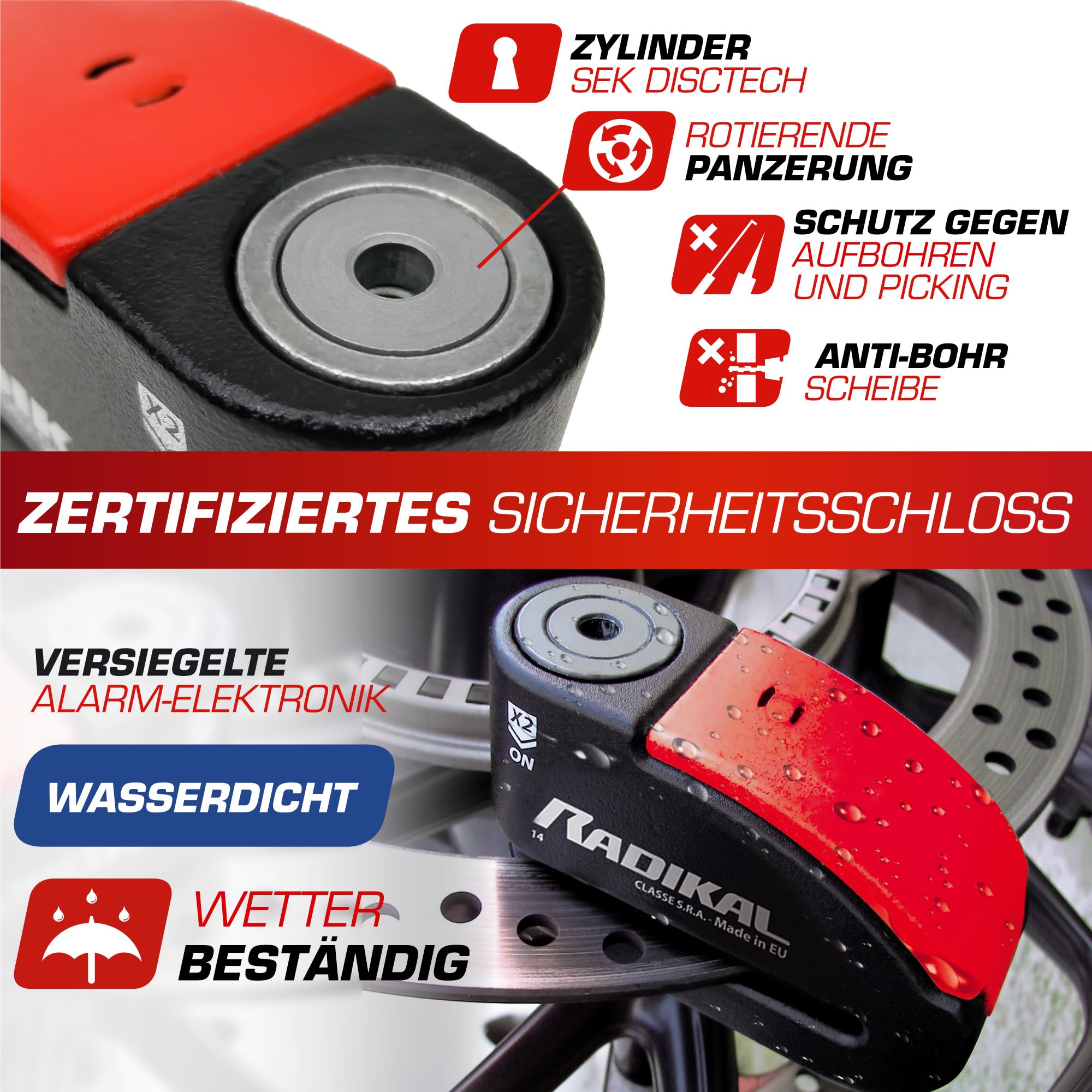 RADIKAL RK15 Bremsscheibenschloss Premium mit Alarm | Aktivierung nach Wahl, 120 dB, LED Warnung Voralarm | Motorrad Schloss SRA-zertifiziert, aus zementiertem Stahl, Doppelverriegelung Ø14, Rot