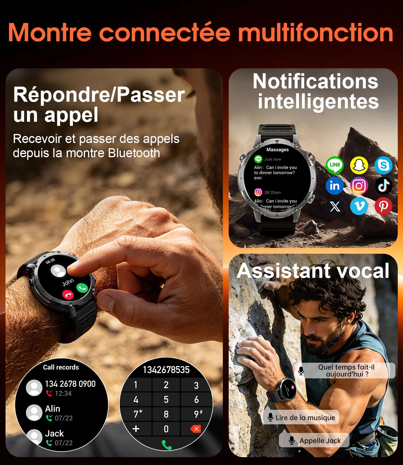 Montre Connectée Homme avec 1400 mAh, Smartwatch Homme LED Lampe 1,70'' Écran HD, Montre Intelligente Sport 100+ Modes Sportifs Podometre Sommeil Compatible Android iOS, 2 Bracelets（Gris）
