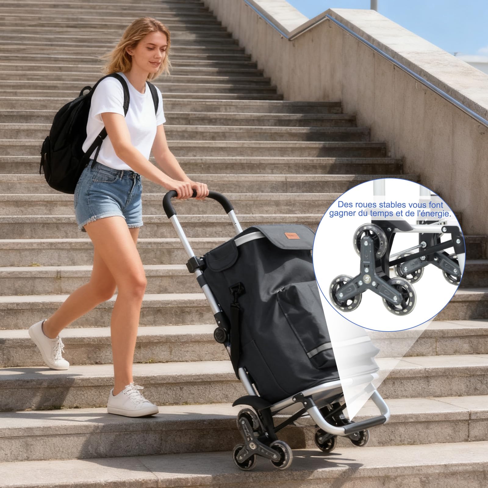 Sekey Chariot de Courses 3 Roues Monte Escalier Pliable 3 en 1, Caddie Isotherme avec Sac Amovible, Diable et Trolley, Grande Capacité, Léger et Solide, Idéal Courses et Seniors – Gris