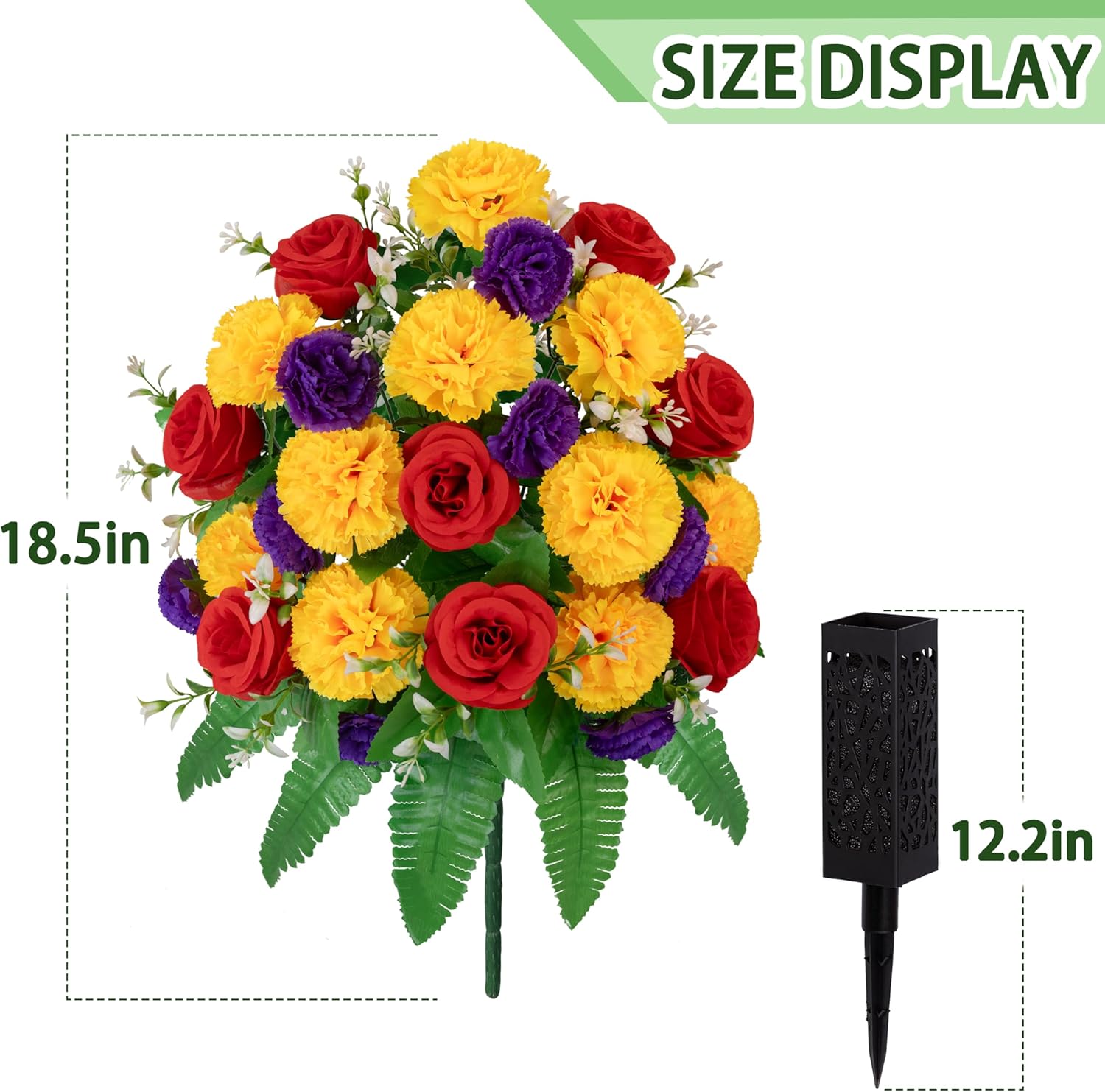 MOOMASS Cemetery Flowers Artificial 2 Sets,Red Roses and Yellow Purple Chrysanthemum Bouquet for Graves, Outdoor Memorial Decor - Realistic, Fade Proof, Non-Bleed Colors, Easy Fit Grave Vase