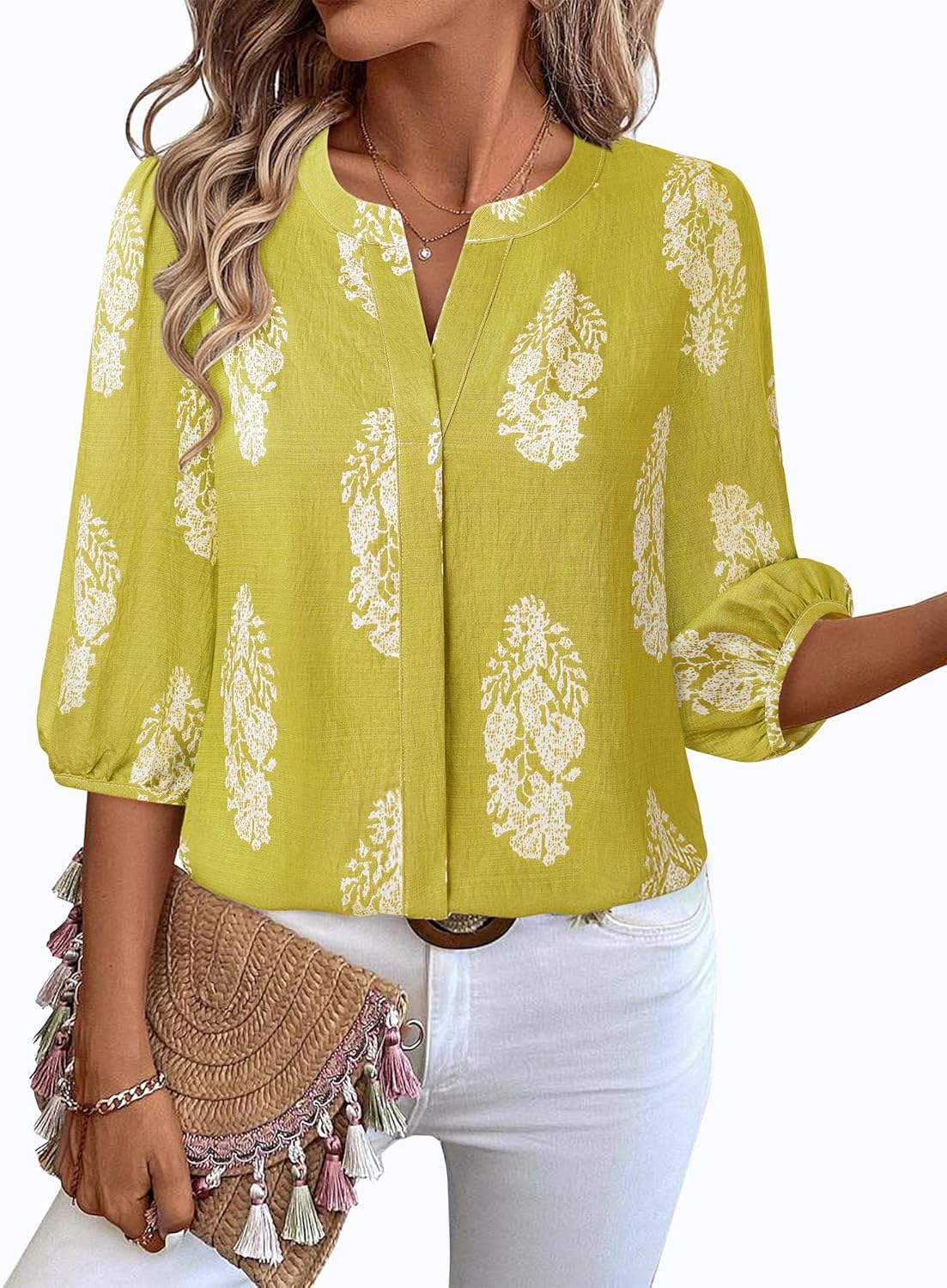 Gaharu Womens Summer Tops 3/4 Puff Sleeve V-Neck Dressy Casual Blouses Boho Floral Shirts - Image 4