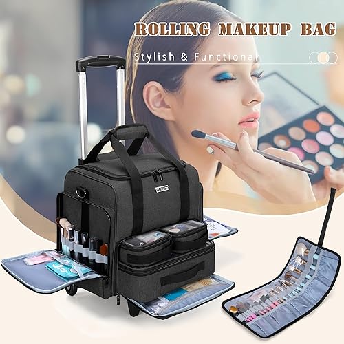 Miniatura 7 de BAFASO Bolsa de cosméticos con ruedas, Negro -, Bolsa de maquillaje con ruedas rígidas con divisores ajustables, bolsas extraíbles y correa Shopulder