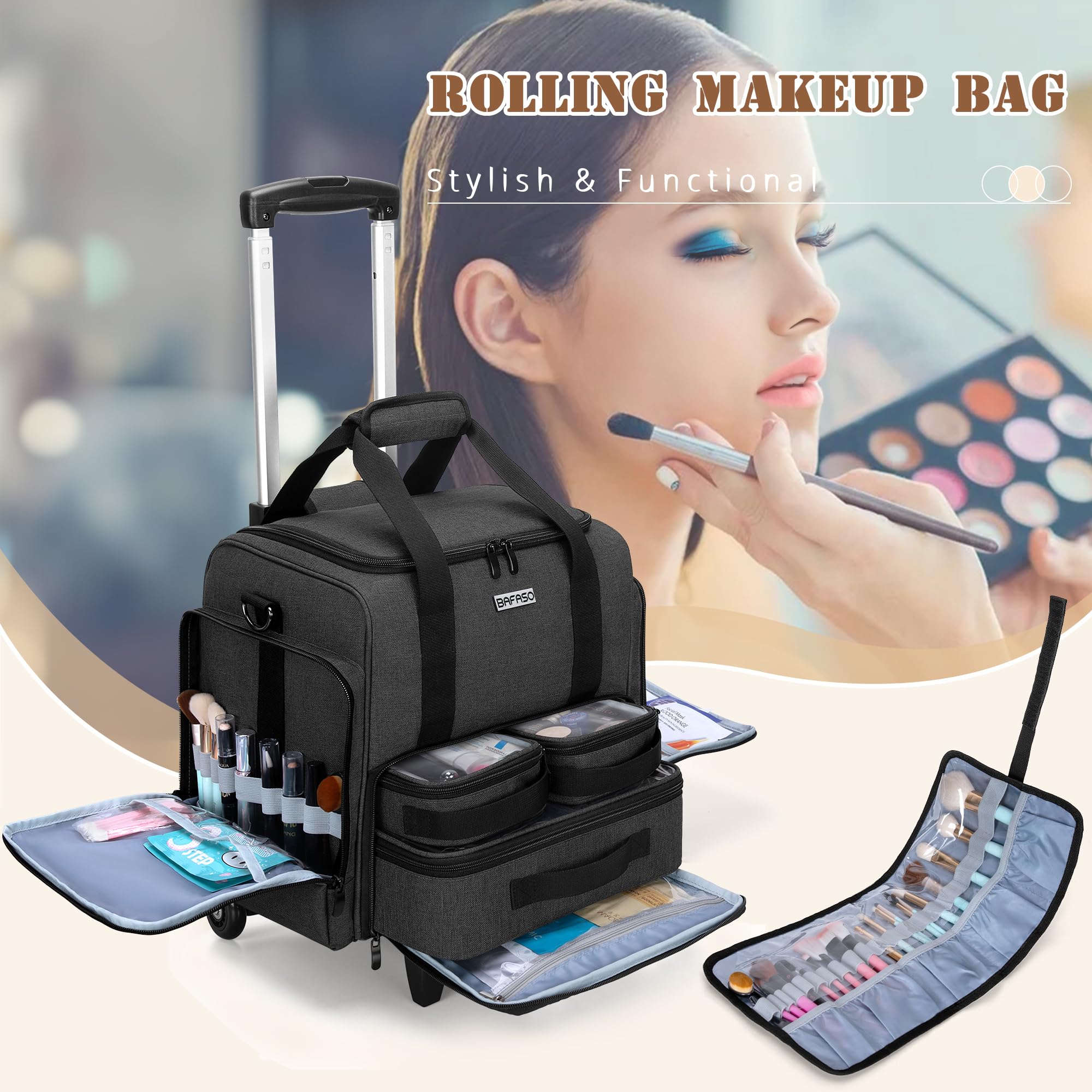 BAFASO Valigia Trolley Trucco con 3 Tasche Rimovibili e 1 Borsa per Pennelli per Trucco, Borsa per il Trucco da Viaggio con Carrello Staccabile, (In Attesa Di Brevetto), Nero