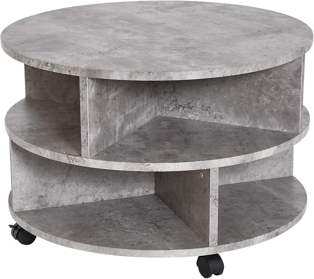HOMCOM 2 Tier Round Side End Table Coffee Desk with Divided Shelves Tea Table Storage Unit Living Room Organiser with Wheels - Cement colour