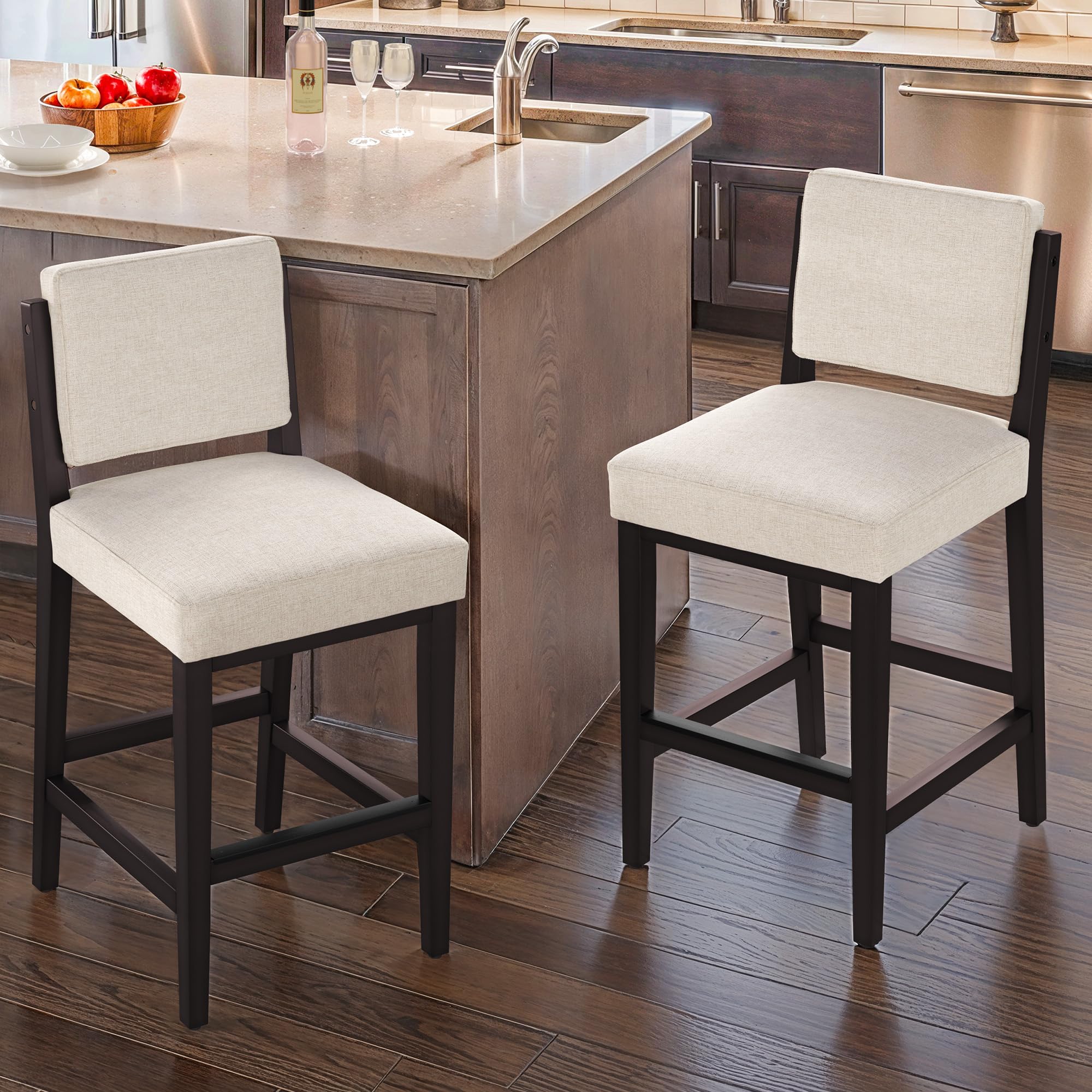 Cozyman 26.5" Bar Stools Set of 2, Upholstered Counter Height Bar Stools with Wide Faux Leather Backrest & Espresso Solid Wood Construction, Mid