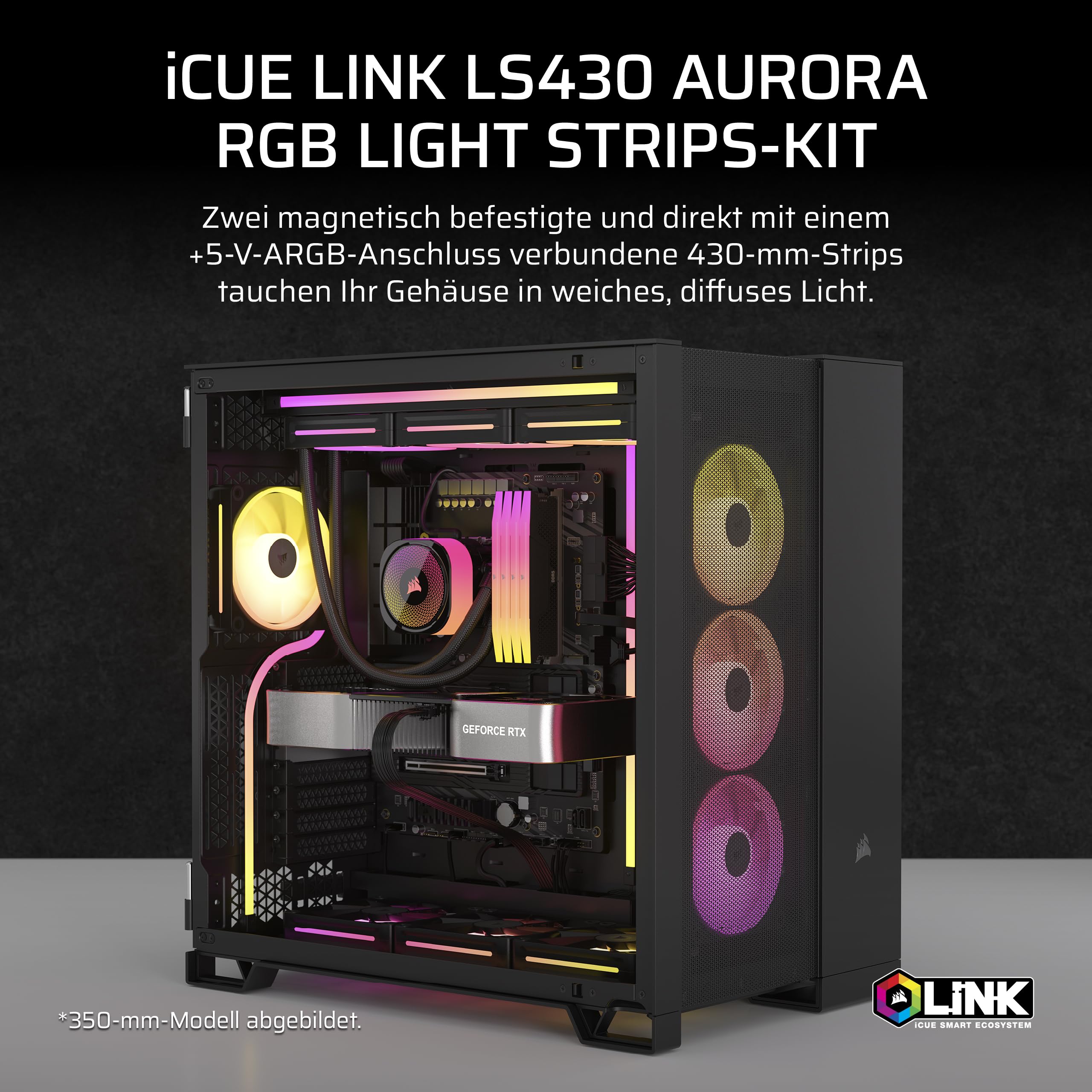 CORSAIR iCUE LINK LS430 Aurora RGB-Lichtleisten 430mm Kit – 2X Magnetisch Gestreute RGB-LED-Streifen – iCUE LINK Adapter und ARGB zu iCUE 3-Pin Adapterkabel im Lieferumfang Enthalten