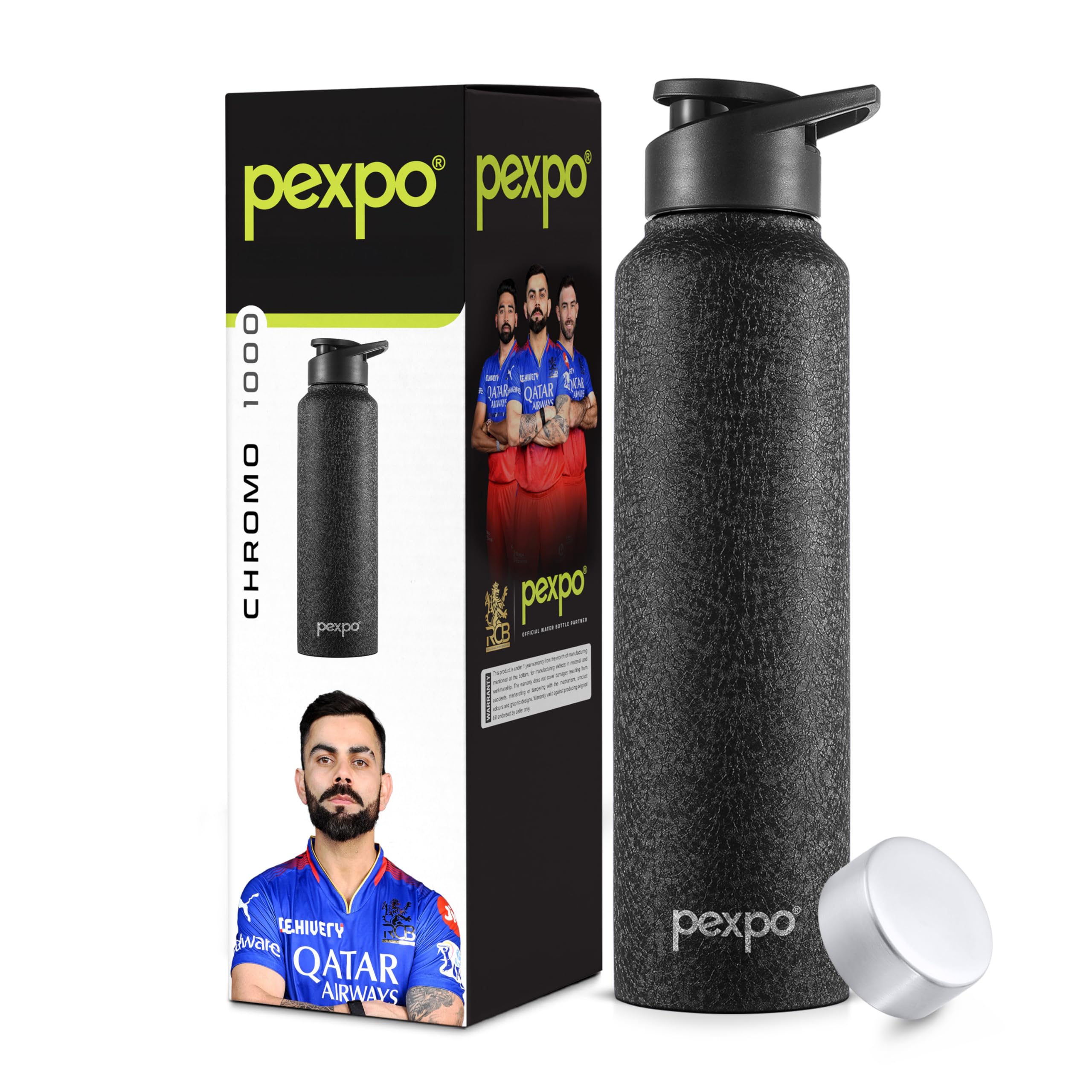 PEXPO Chromo Pro 1000 ISI Certified Stainless Steel Sports/Fridge Water Bottle With Dual Cap - 950ml| RCB Edition | Single Wall | Lightweight | For Home, Office, Gym, School, Travelling - Black