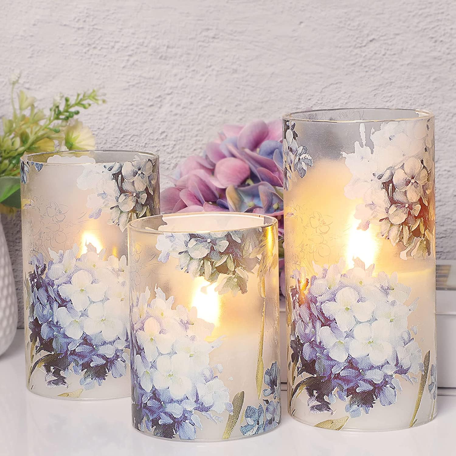 Flavcharm - Set di 3 candele senza fiamma, a forma di ortensia, a batteria, con telecomando e timer per casa, ragazze, donne, interni ed esterni