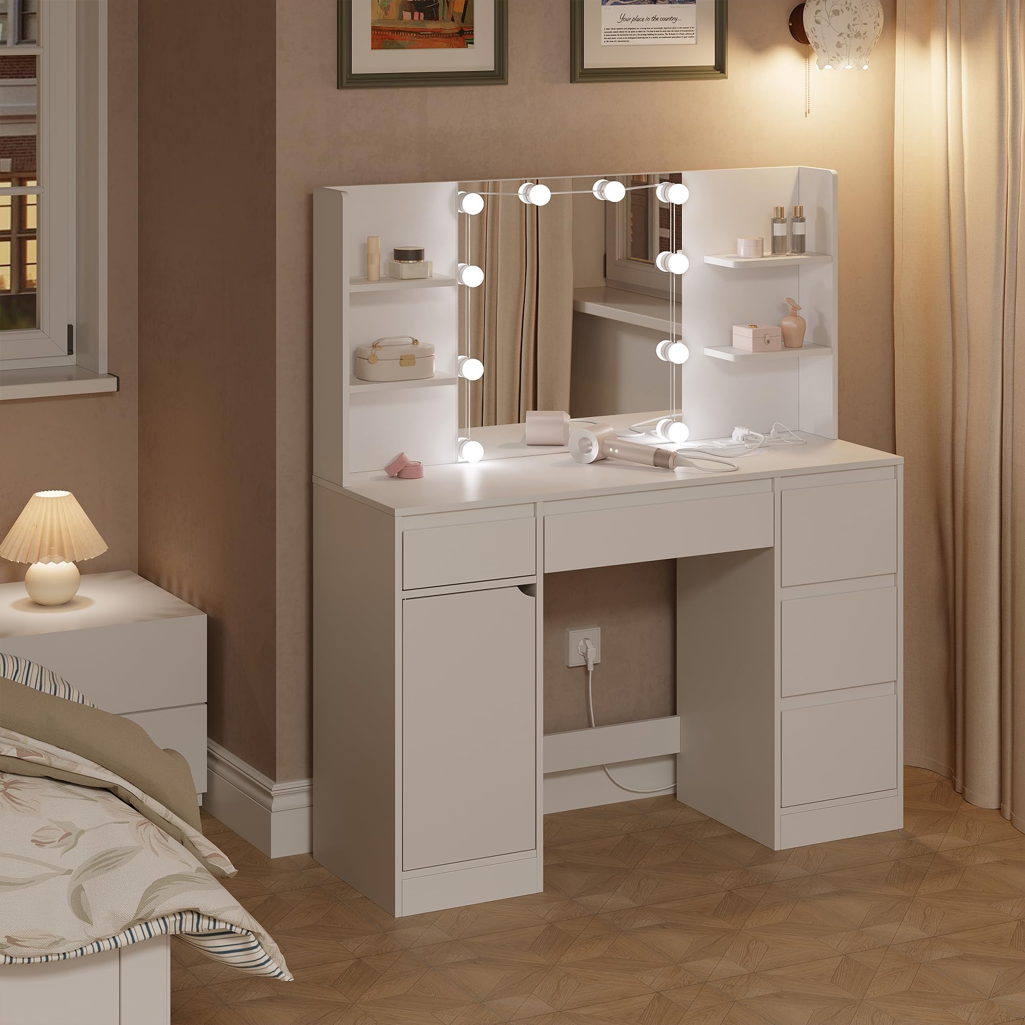 WOLTU Coiffeuse avec Miroir LED, Multiprise, Éclairage Réglable, Grande Coiffeuse avec 5 Tiroirs, Étagères Ouvertes, Armoire, Table de Maquillage en Bois pour Chambre, Blanc, MB6117ws