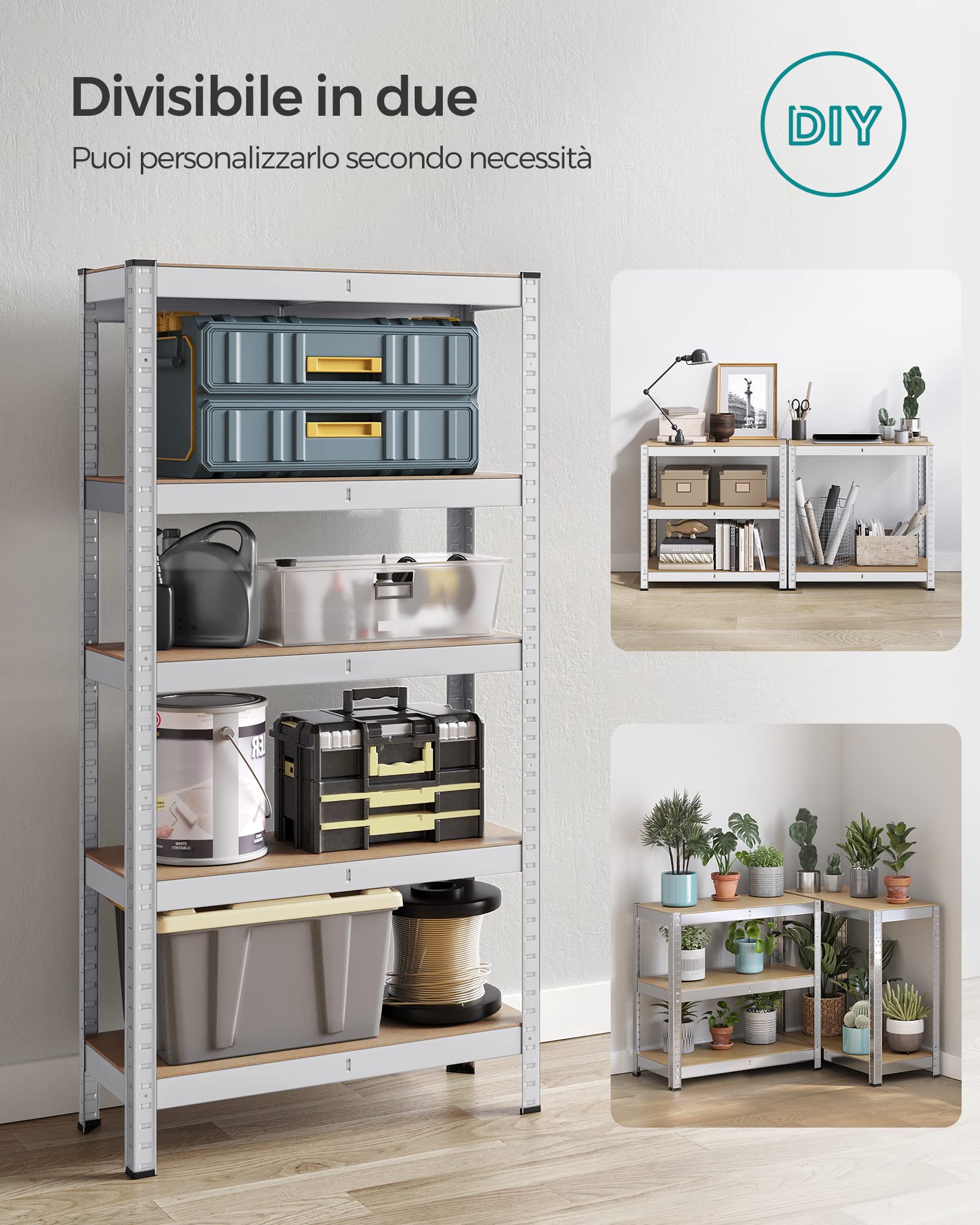 SONGMICS Mensola portaoggetti a 5 livelli, 30 x 75 x 150 cm, capacità 650 kg, tavole regolabili, stile industriale, per cucina, soggiorno, argento GLR030E01